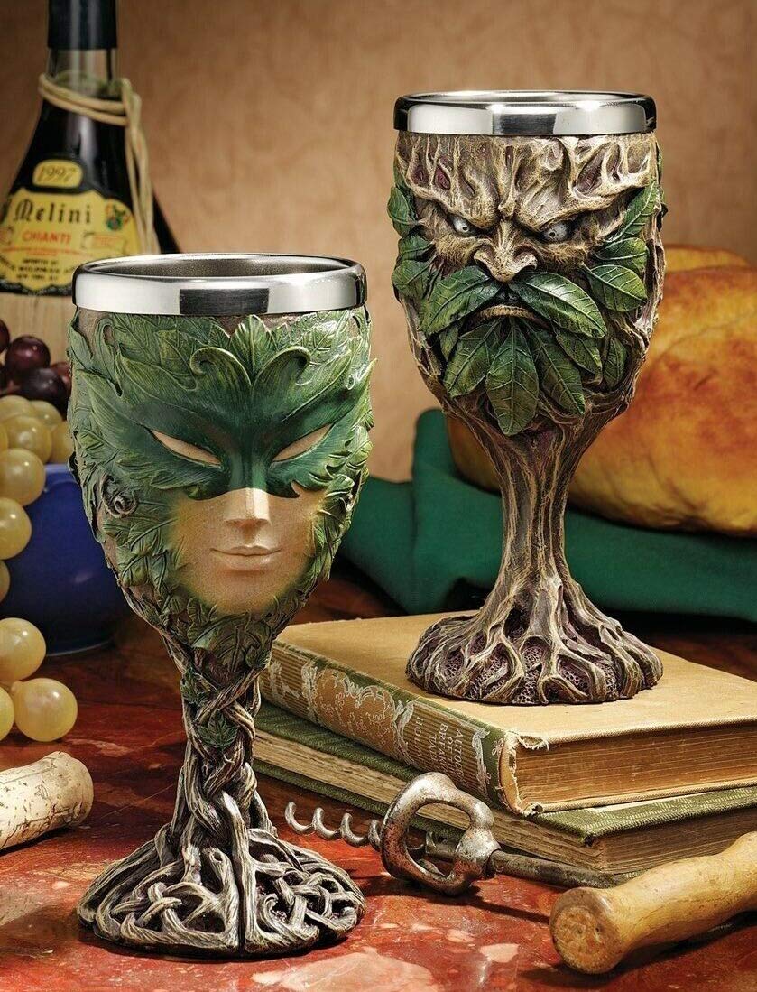 Rustic Woods Willow Forest Spirit Greenman And Green Lady Wine Goblet Chalice Set of Two Kitchen Home Decor Figurine For Housewarming Gift