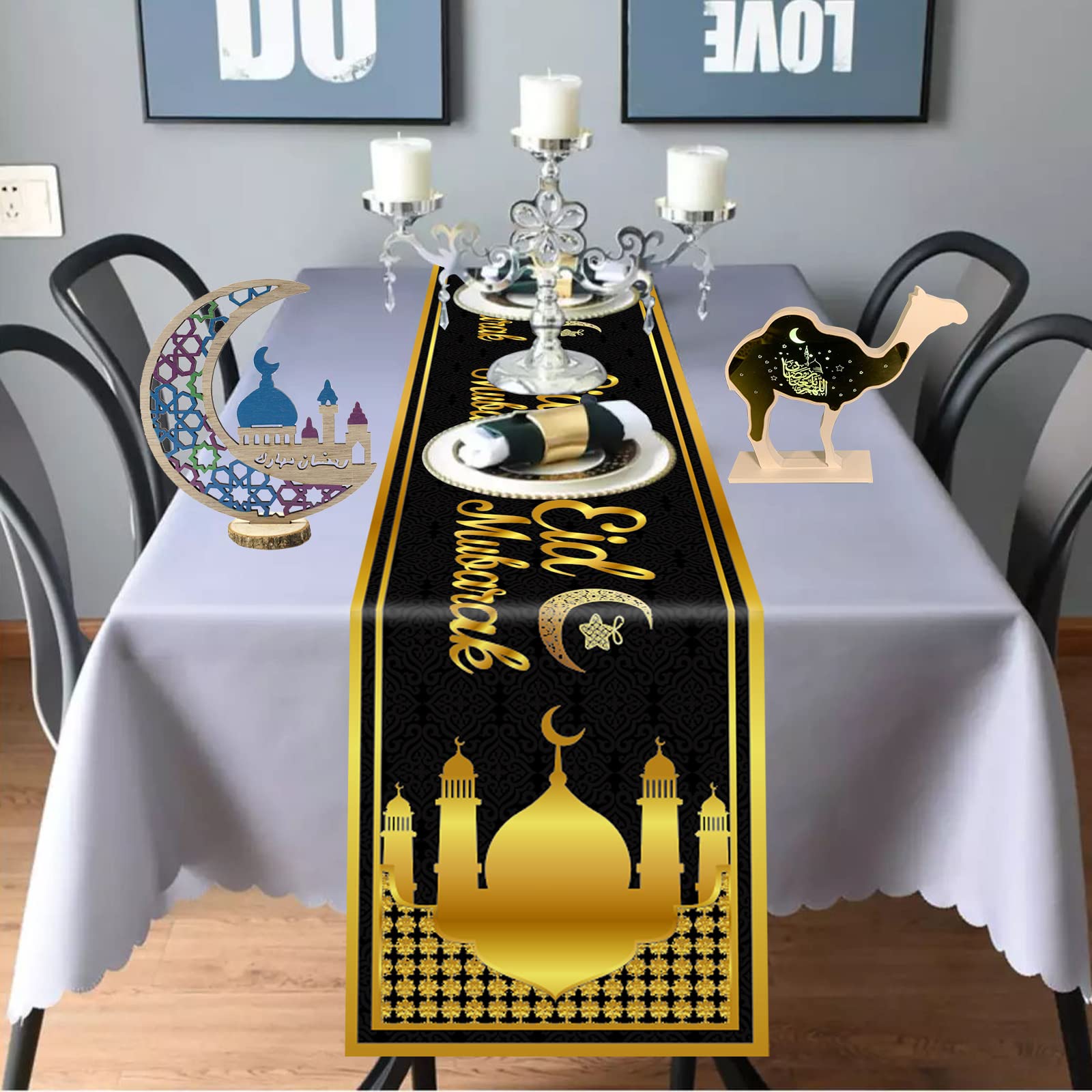 Chemin De Table Eid Mubarak 180x35cm Violet - Décoration Ramadan Aïd Pour Fêtes Et Dîners