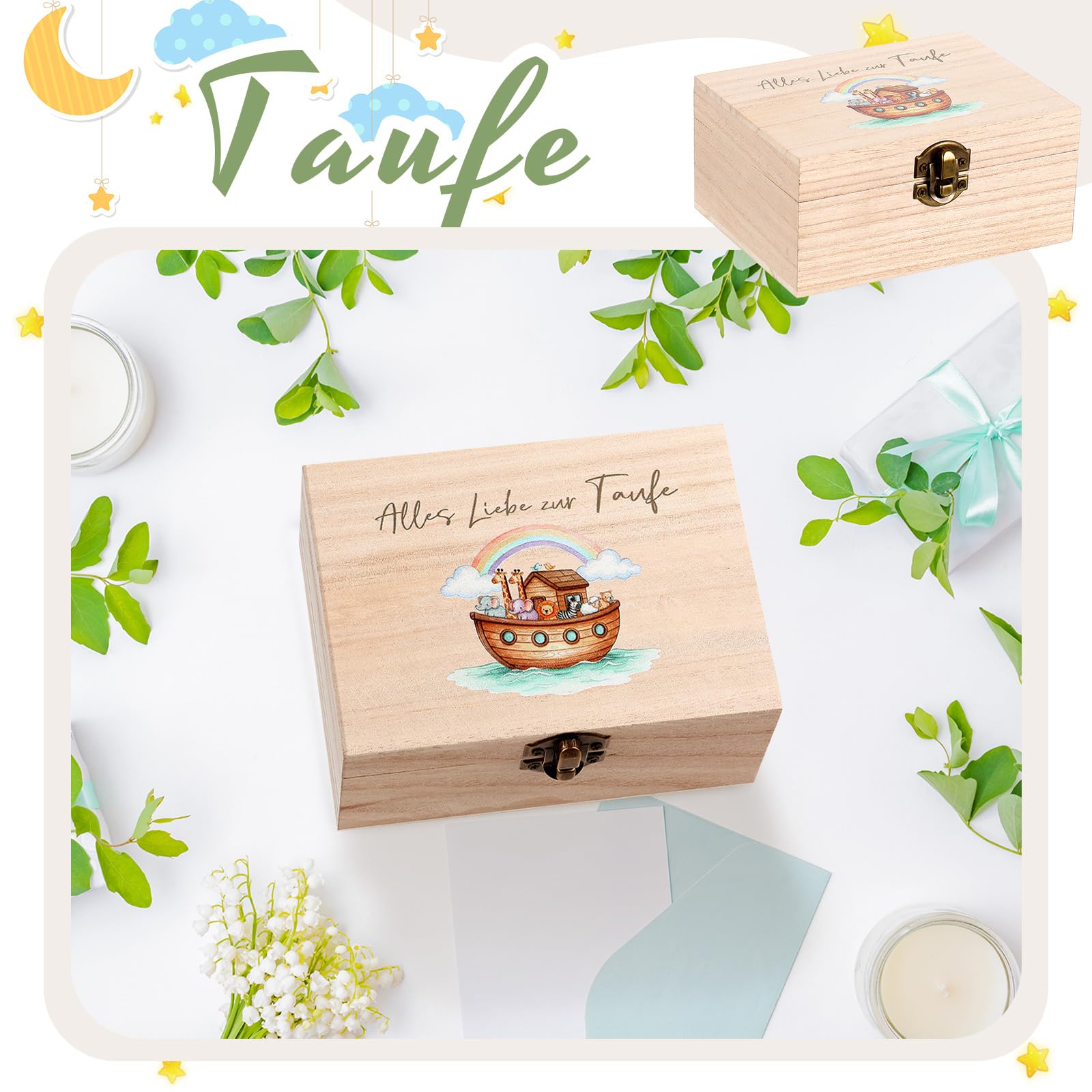 Namalu 4er Set Taufe Geldgeschenk Holzbox mit Regenbogen und Tier Arche Noah Reagenzglas Holzsplitter Grußkarte und Raffia Gras Geldgeschenk Verpackung für Party Gäste Taufe Deko