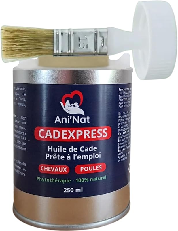 AniNat CADEXPRESS Huile de Cade prête à l'emploi - Pinceau APPLICATEUR vissé dans Le Bouchon - Soin des Pattes des Poules, Sabots Chevaux, Soles Ramollies, Dermite - Pot 250ml (250 ML)