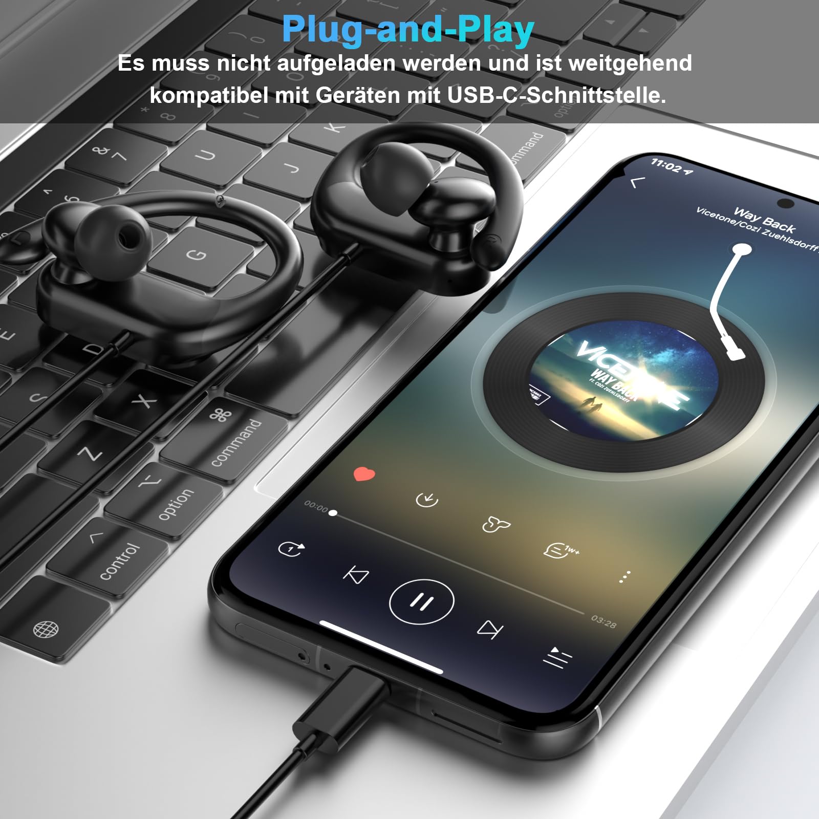 USB C In Ear Kopfhörer mit Ohrbügel, Mikrofon & Kabelfernbedienung | Kopfhörer mit Kabel für Samsung S26 Ultra S25 S24 A17, für iPhone 17 Pro 16 15, Headphones für Google 10 9 8 Büro Sport Musik
