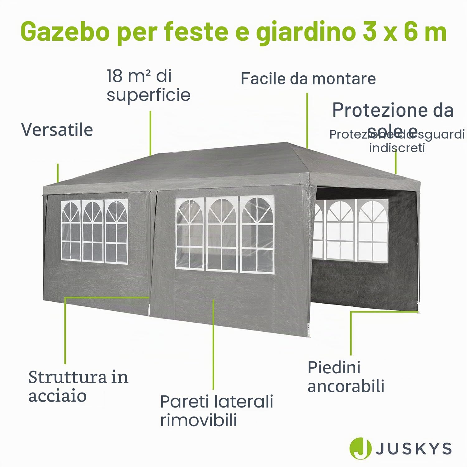 Tenda Juskys per feste 3x6m, 18m², 6 pareti, tetto rimovibile, 18m², 12 ganci, 6 corde, giardino, matrimoni, grigio