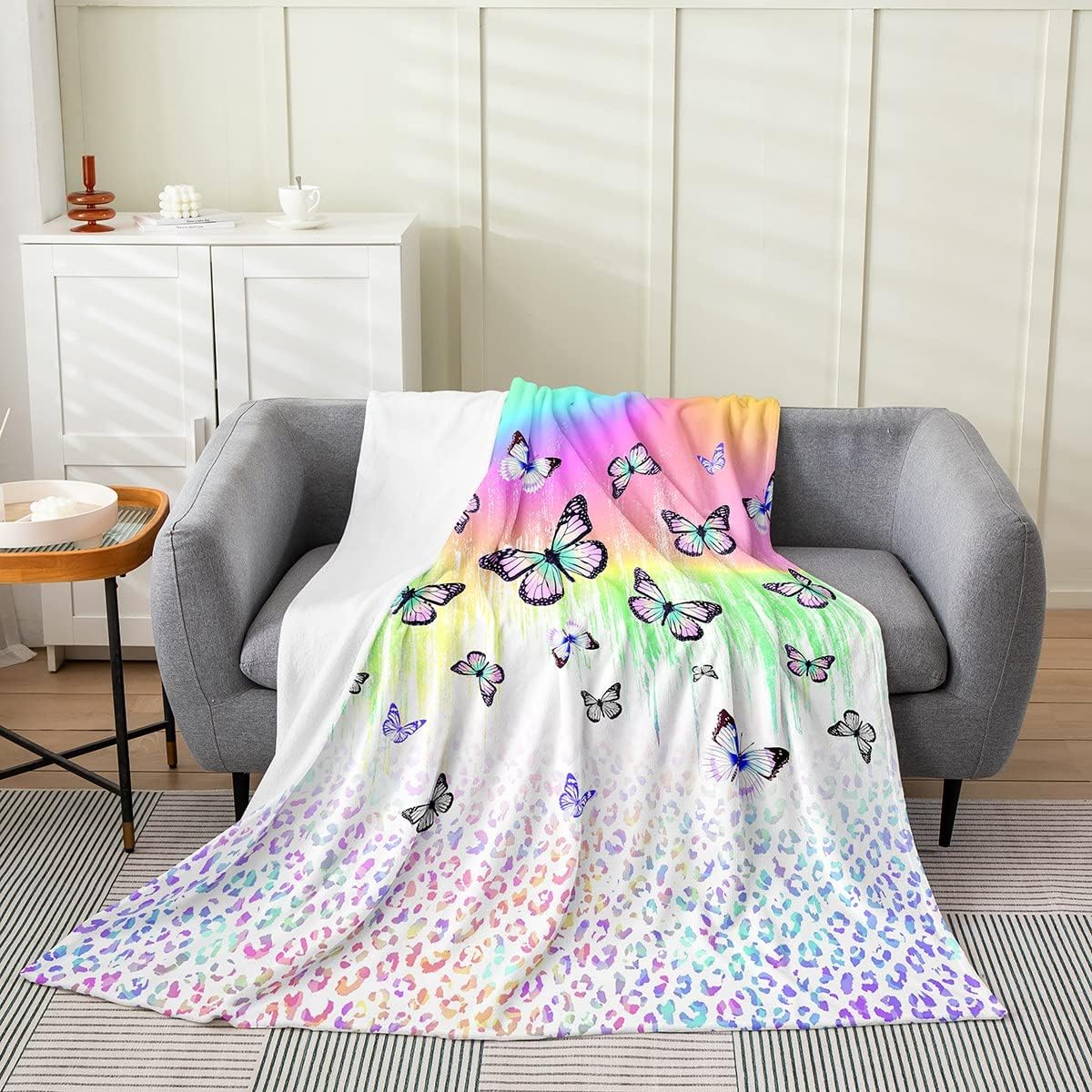 Colorful Leopard Bed Blanket Kids,Cheetah Flannel Fleece Throw Blanket Butterfly
