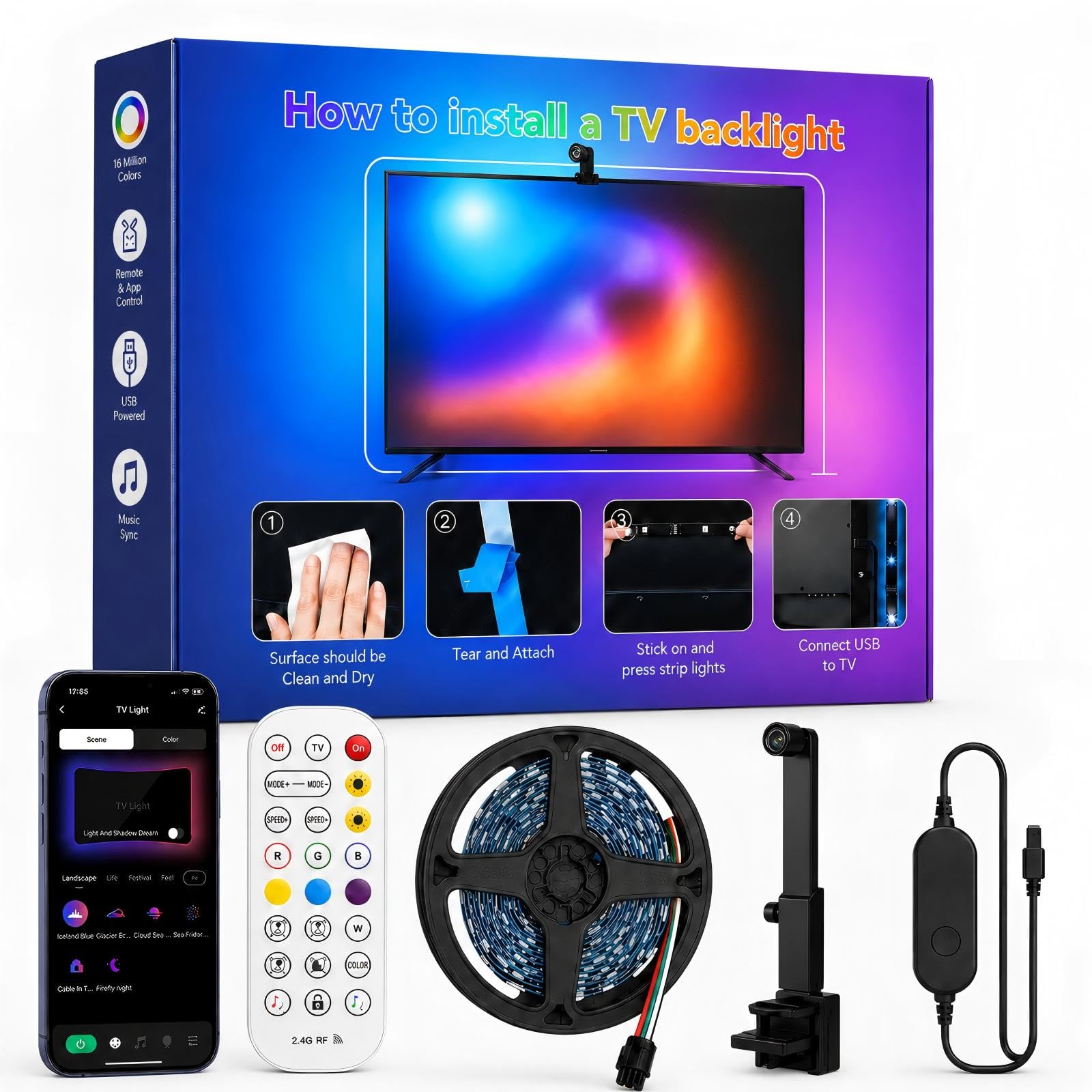 Ruban LED TV RGBIC 5 m, caméra de synchronisation, 70 à 85 pouces
