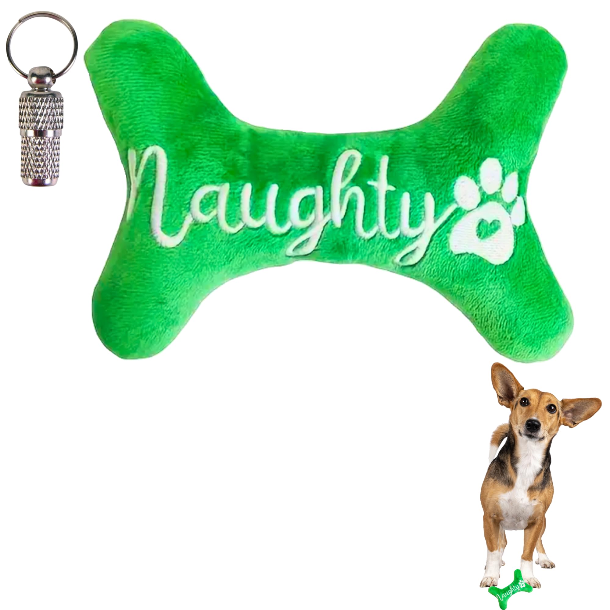 PETSARY (Naughty) Christmas Bone Shape Squeaky Dog Toy with 1 Pcs ID Tag Gift - Xmas Long-Lasting Interactive Cotton Filled Toy - Soft Stuffed Animal Teething Chew - Holiday Gift Good Boy/Girl Green
