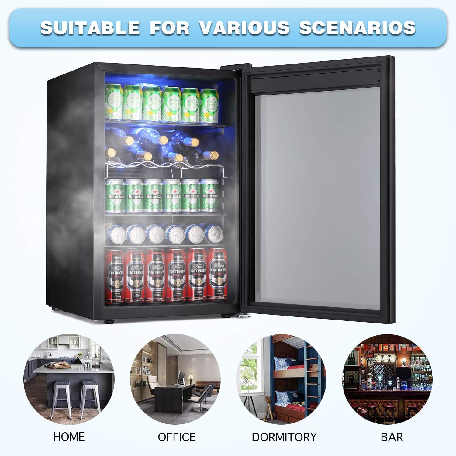 Antarctic Star Beverage Refigerator Cooler -145 Can Mini Fridge for Soda Beer or wine,with glass door, For Office or Bar with Adjustable Removable Shelves，4.4 Cu. Ft. (Black)