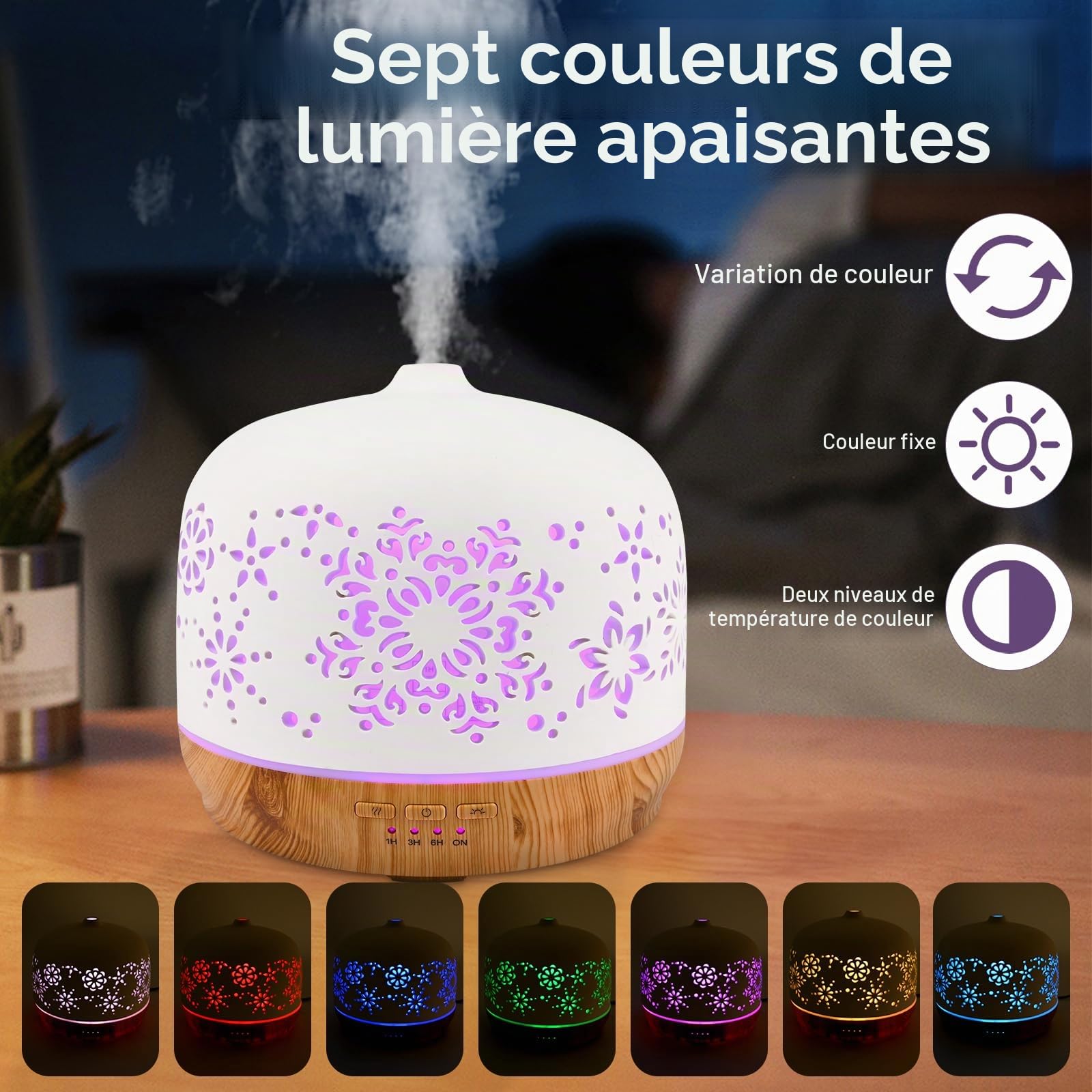 GuKKK 500ML Diffuseur d'huiles Essentielles en Céramique Blanche, Ultrasonique Humidificateur Diffuseur Aromathérapie Electrique, Arôme Parfum Electrique avec 7 Couleurs Lumières,pour Chambre/Yoga
