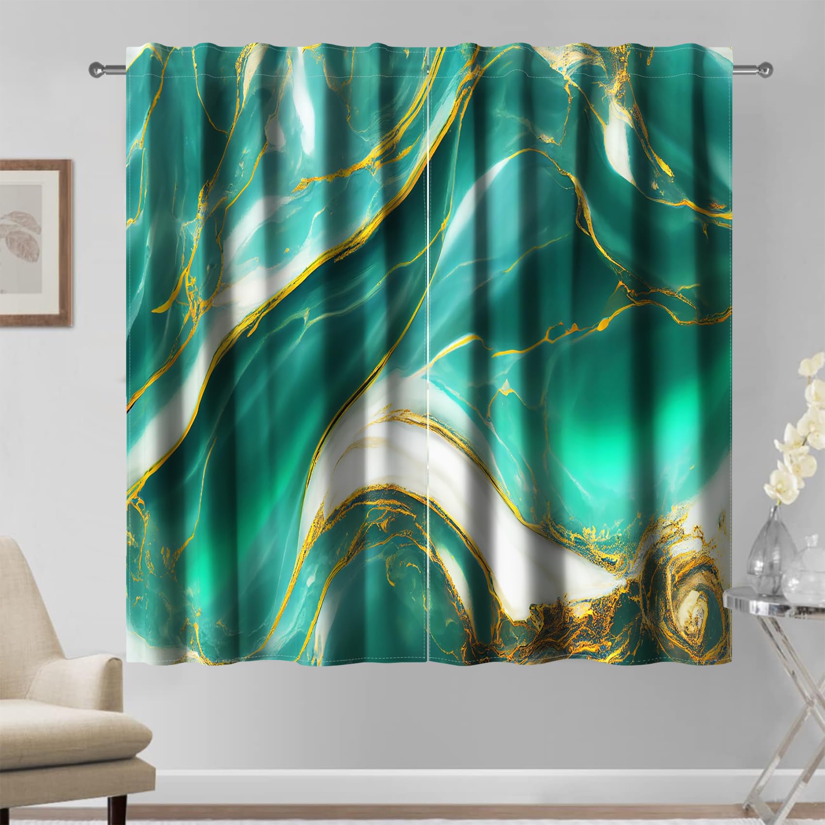 Kzzfqxb Green Marble Curtains Gold Emerald Texture Abstract Modern Luxury, 117×183cm Drape for Living Room Decoration, 2 Panels, Black Golden Colorful Flow — image 1
