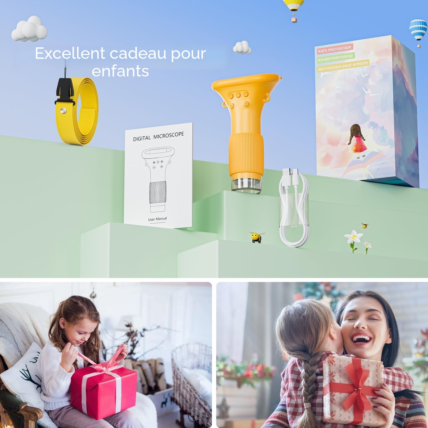 Microscope numérique pour Enfants, écran IPS de 2 Pouces, Rechargeable, SGAINUL grossissement 1000x, Microscope Enfant Portable, 8 lumières LED, Convient aux Enfants de 3 à 8 Ans（Orange）