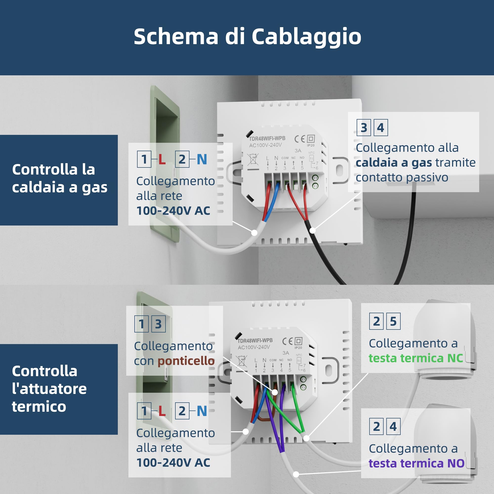 Termostato Wi-Fi per caldaie a gas e valvole Supporta la programmazione giornaliera con controllo vocale compatibile con Alexa e Google Assistant Adatto per sistemi Tuya/Smart Life (220V 3A TOL48-WPB)