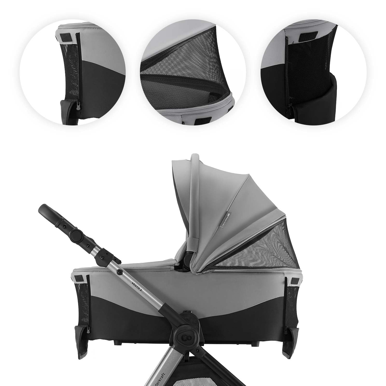 Kinderkraft VESTO 2 Carrito Bebé 3 en 1 hasta 22 kg, Capazo + Silla Paseo + Portabebés MINK PRO 2, Asiento Reversible, Travel System, Gris