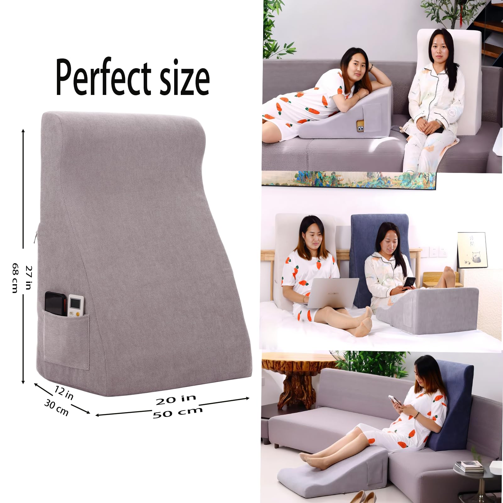 wuFQecht Bed Reading Pillow - Sofa Bed Wedge Pillow - Post-Op Recovery Backrest Pillow - Working Lumbar Support Reading Pillow with Removable Pillowcase Light Grey 27x20x12in