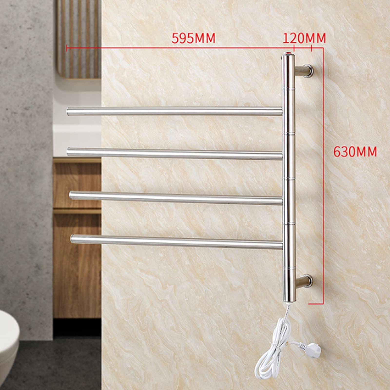 Scaldasalviette Elettrico A 4 Barre per Bagno, Scaldasalviette Girevole Portatile da Parete, Scaldasalviette in Acciaio Inox 304, A Risparmio Energetico, 51 W, Cablato