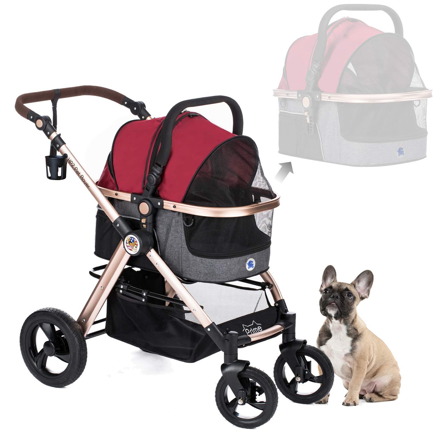 Photo 1 of HPZ Pet Rover Prime 3-in-1 Luxury Dog/Cat/Pet Stroller (Travel Carrier +Car Seat +Stroller) w/Detach Carrier/Pump-Free Rubber Tires/Aluminum Frame/Reversible Handle for Medium & Small Pets (Ruby Red)