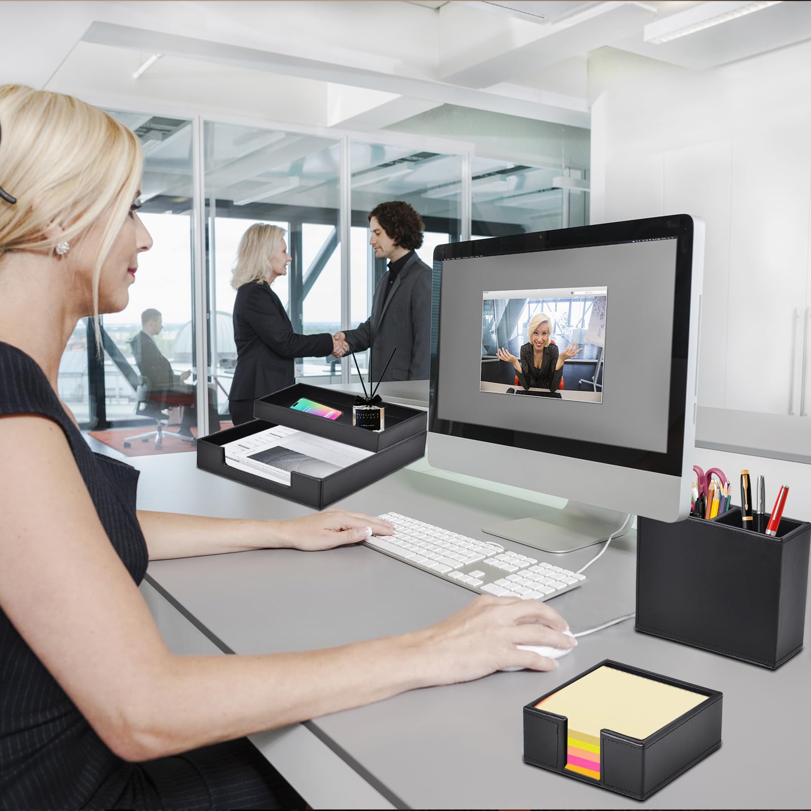 Schreibtischset PU Leder, Schreibtischset mit Schreibtisch Organizer, Stifthalter, Briefablage, Bürotisch für Männer und Frauen, Büro Büro Organizer (Schwarz)