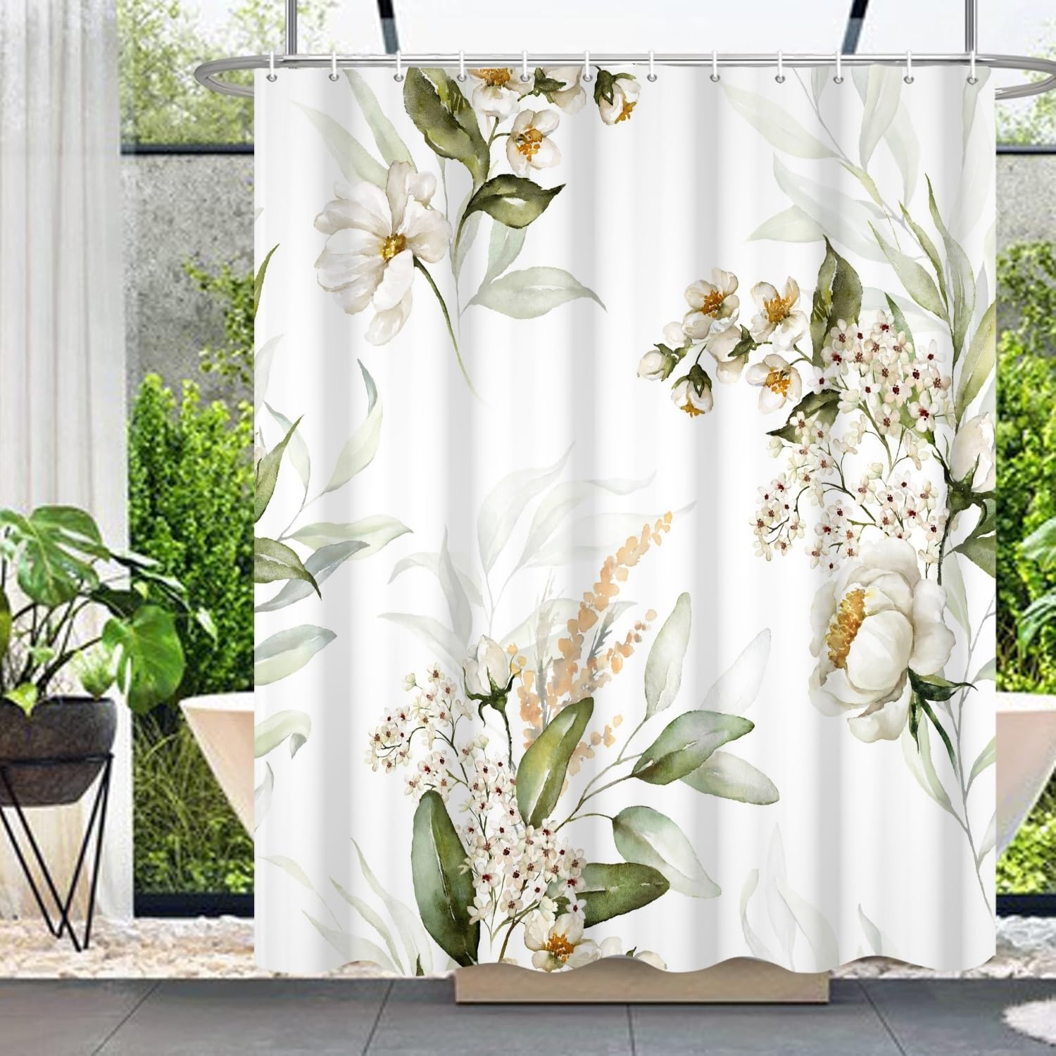 Umpoo Botanical Shower Curtains 72x96 Inch Watercolor Green Leaves White Floral for Modern Bathroom Decor Fabric Waterproof Polyester Bath Curtain