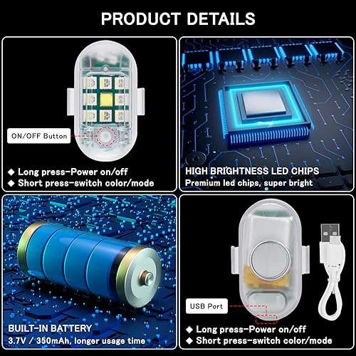 Miniatura 7 de SEISSO Paquete de 2 luces estroboscópicas LED anticolisión con control remoto inalámbrico, carga USB, kit de luces estroboscópicas de emergencia
