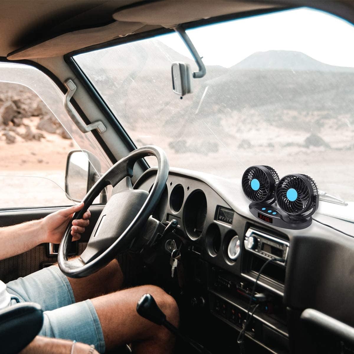 Ventilatore Auto 12V Doppia Testa, Ventilatore Raffreddatore a 12 Velocità con Rotazione a 360°, Ventilatore da Auto da 5" con Display LED Temperatura e Umidità per Camion, SUV, Camper e Barche