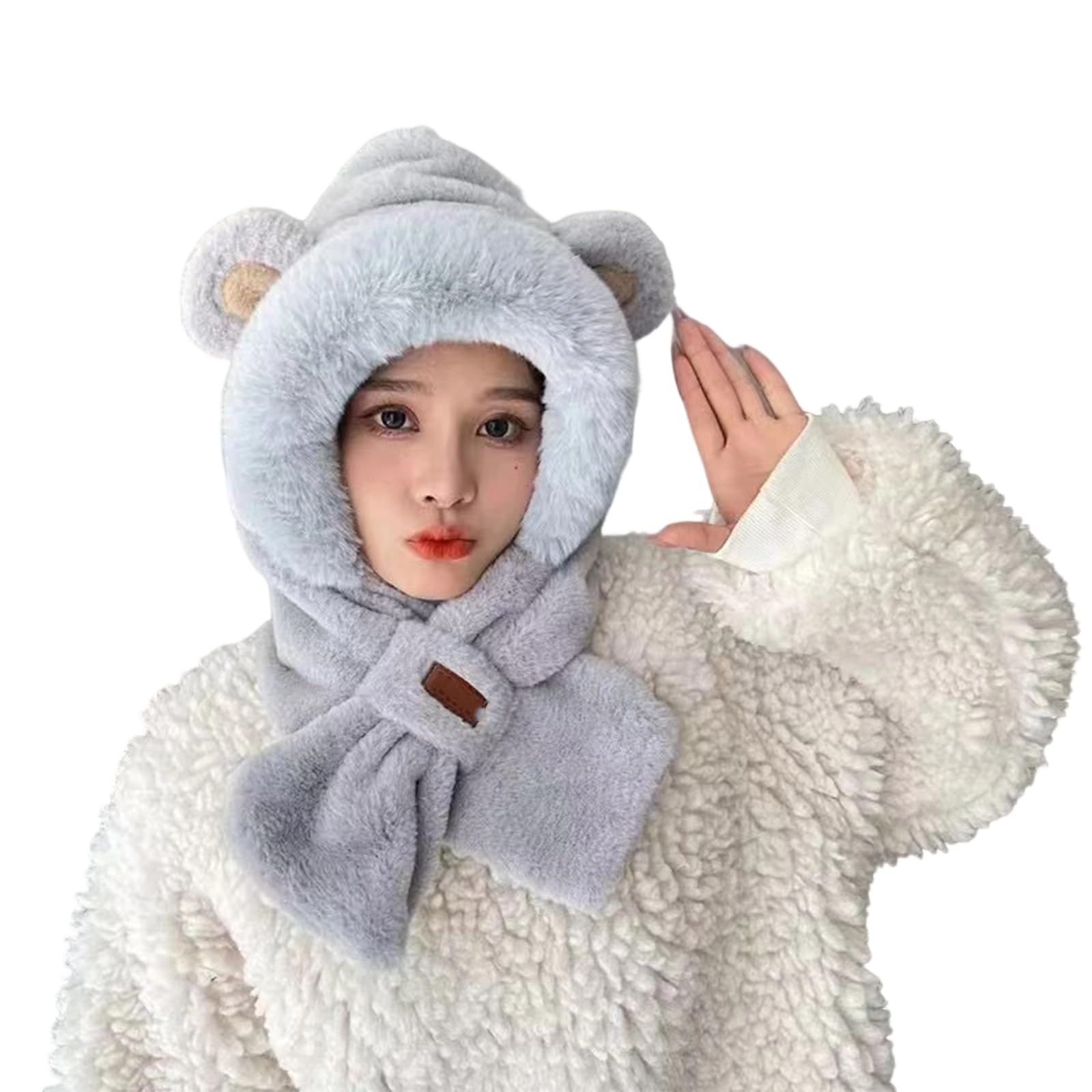 ​​Hooded Scarf Hat Gloves for Women Winter, Bear Ears 3-in-1 Set - Plush Faux Fur, Soft and Warm, Cute Hat​​
