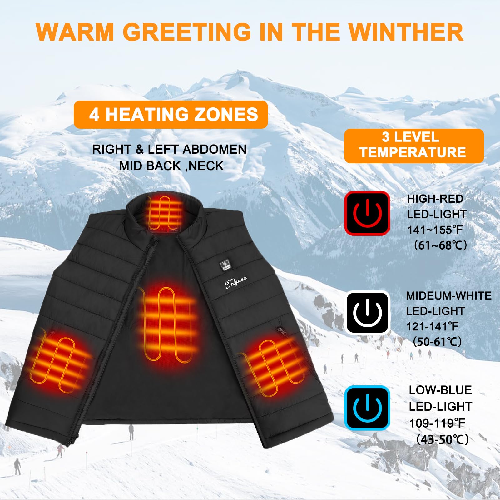Telguua Giacche riscaldabili da uomo invernali giacca riscaldata elettrica carica cappotto riscaldante caldo ricaricabile e batteria da 14400 mAh per sci, moto, escursionismo