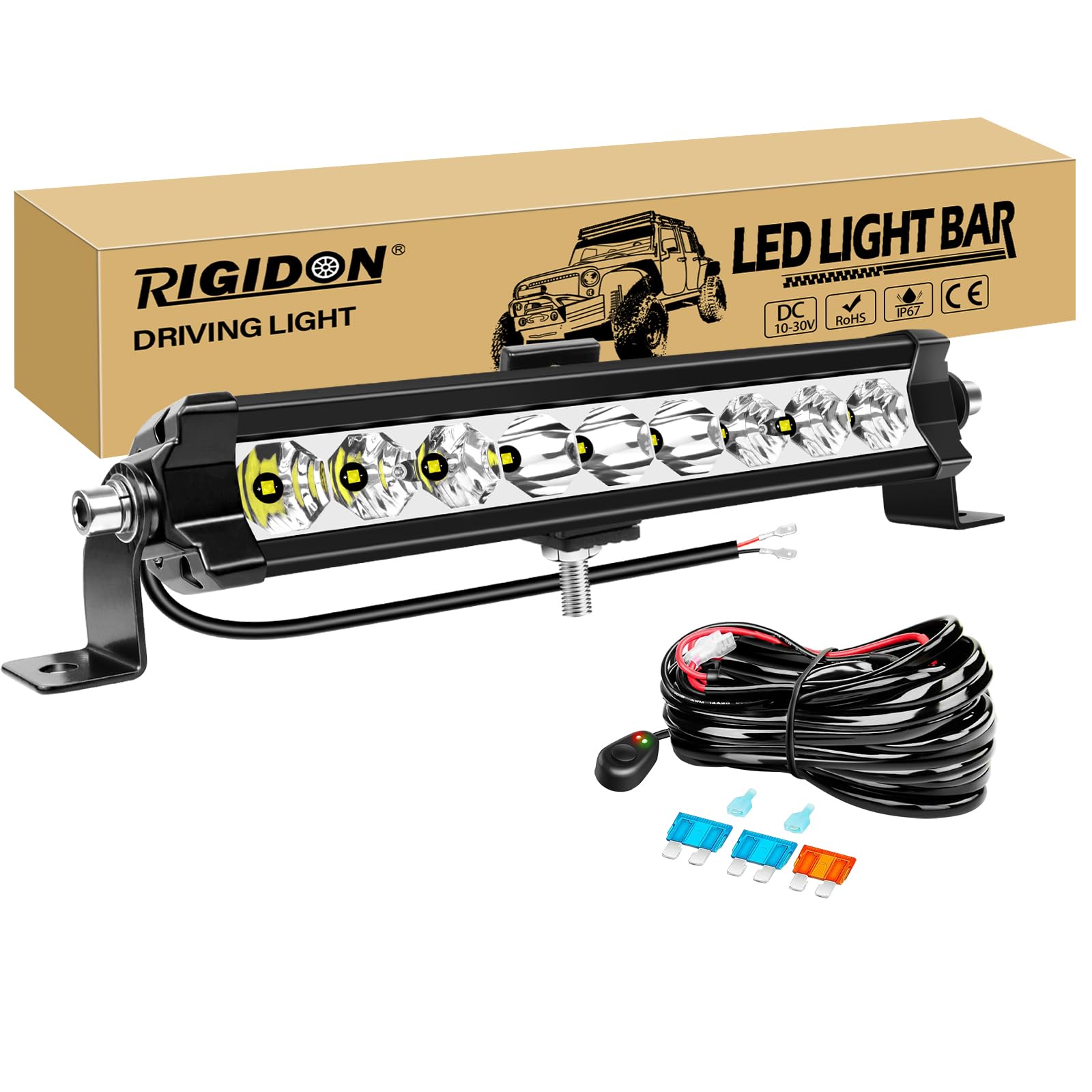 RIGIDON 11 Pulgadas 27 cm 30W 3000LM barra de luz led y 12V kit de cableado, Unica fila largo alcance barras luminosas leds para off road todoterreno camión coche ATV SUV 4x4, Lámpara de conducción