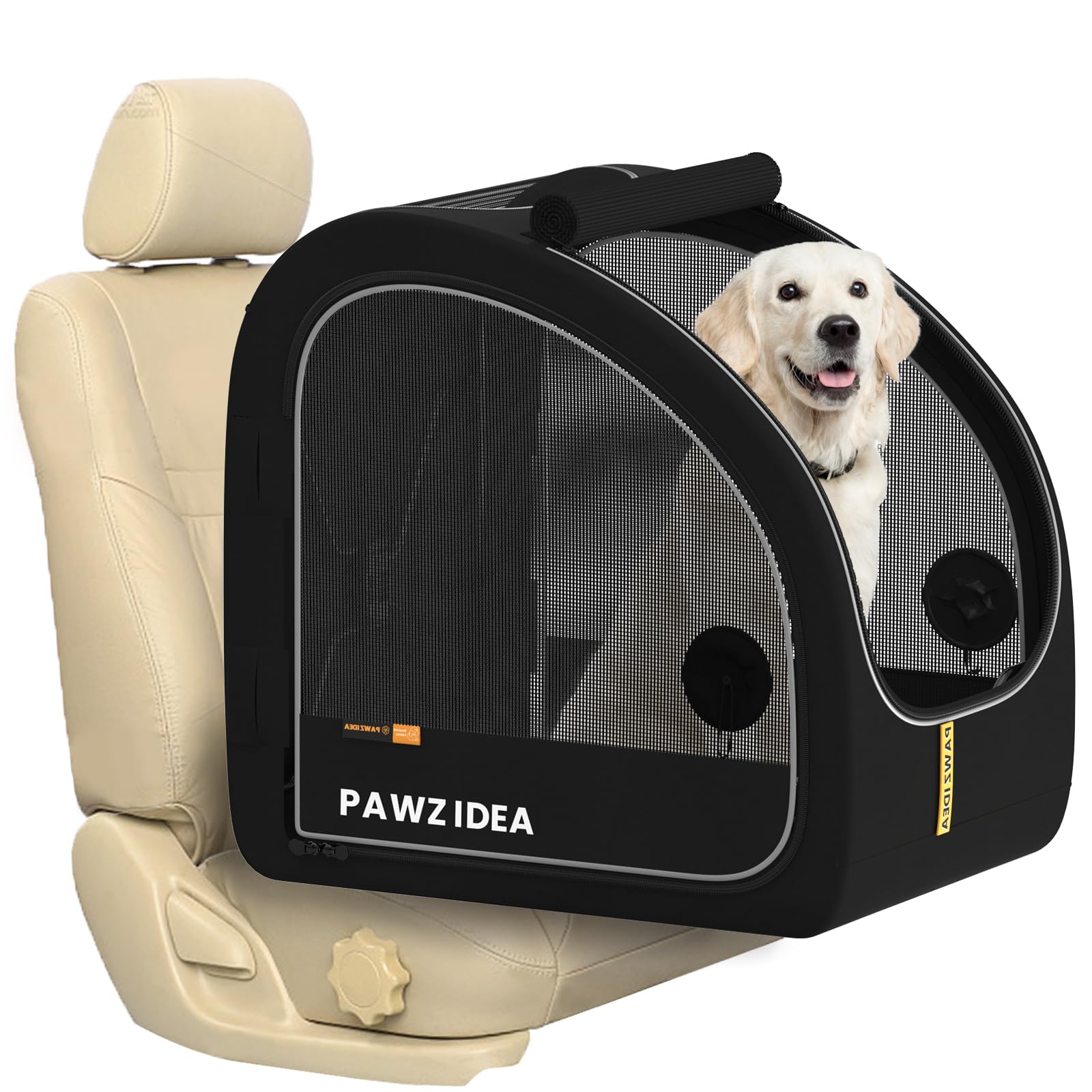 PAWZIDEA Portable Dog Crate for Car Travel, Collapsible Pet Travel Crates for Medium & Large Dogs, Enclosed Soft-Sided Car Kennel Carrier for Backseat
