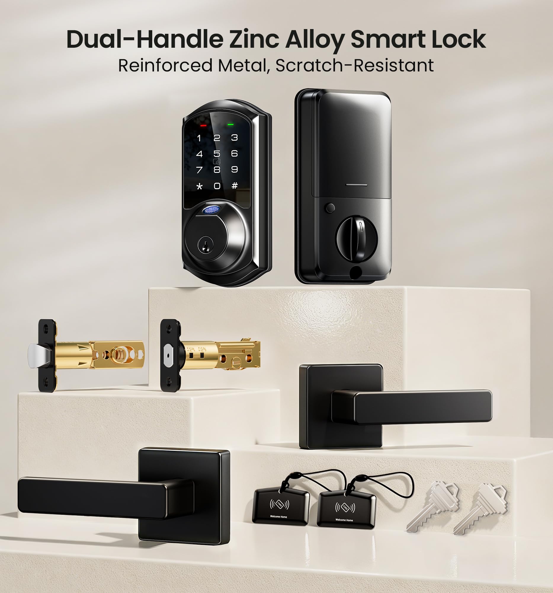 Veise VE07-L Fingerprint Smart Locks for Front Door with 2 Lever Handle Set, App Control, Keyless Entry, Electronic Digital Keypad Deadbolt, Auto Lock, Waterproof, Easy to Install, Matte Black