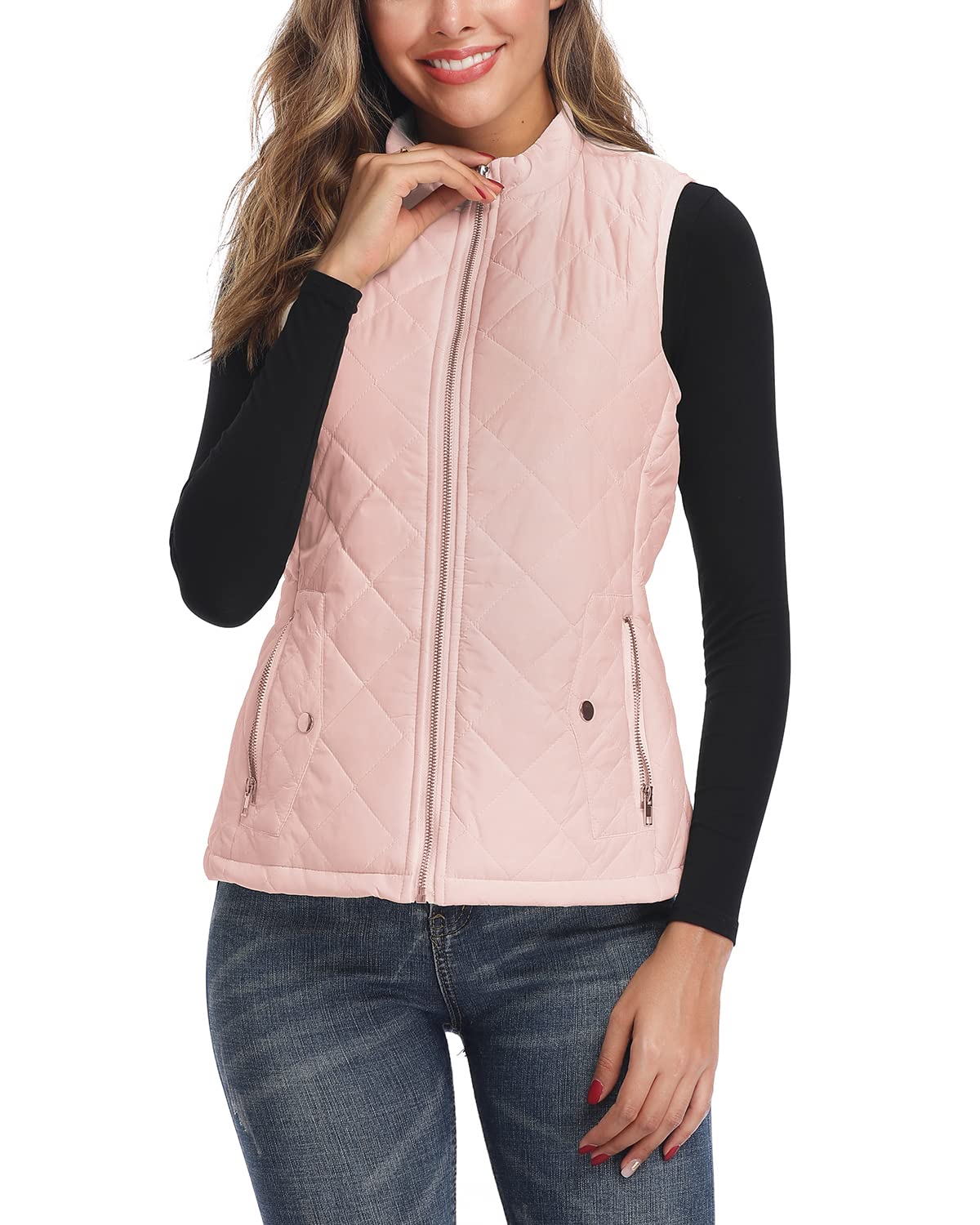 Longking Women's Apricot Pink Outwear Vest - Stand Collar Lightweight Zip Quilted Vest For L