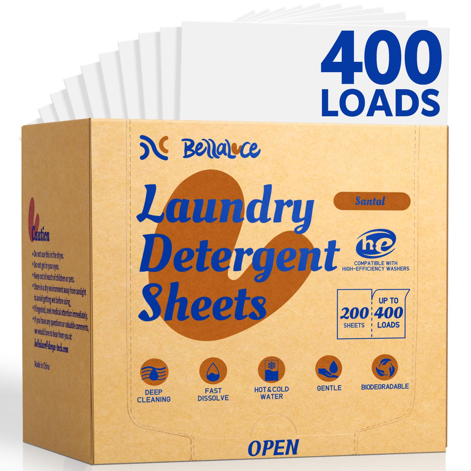 BellaLuce Laundry Detergent Sheets - Santal Scent, 400 Loads