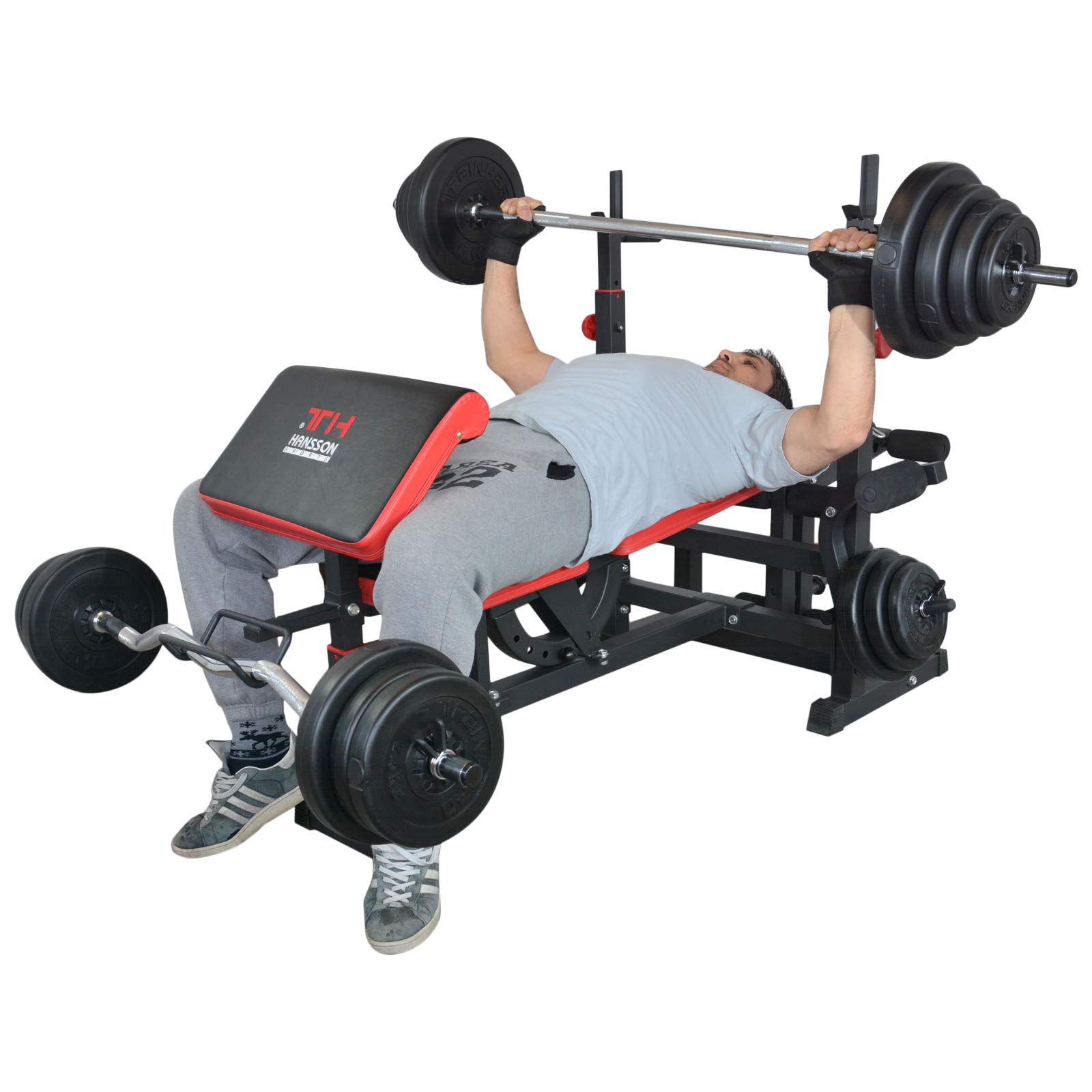 TrainHard Kraftstation Fitnesscenter Hantelbank mit vielseitigen Trainingsmöglichkeiten schwarz/rot