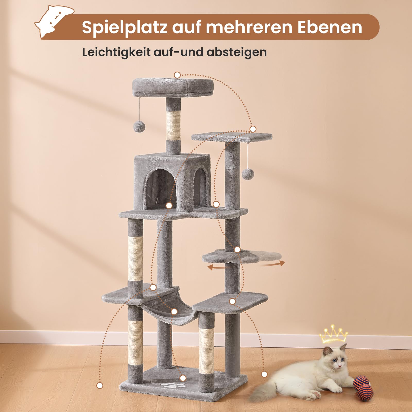 MSmask Kratzbaum groß, L Katzenkratzbaum Stabil, Katzenbaum mit Katzenhöhlen, Plattformen, Hängematte, Sisalsäulen, mehrstöckiger Kletterbaum (Hellgrau, 150 cm)