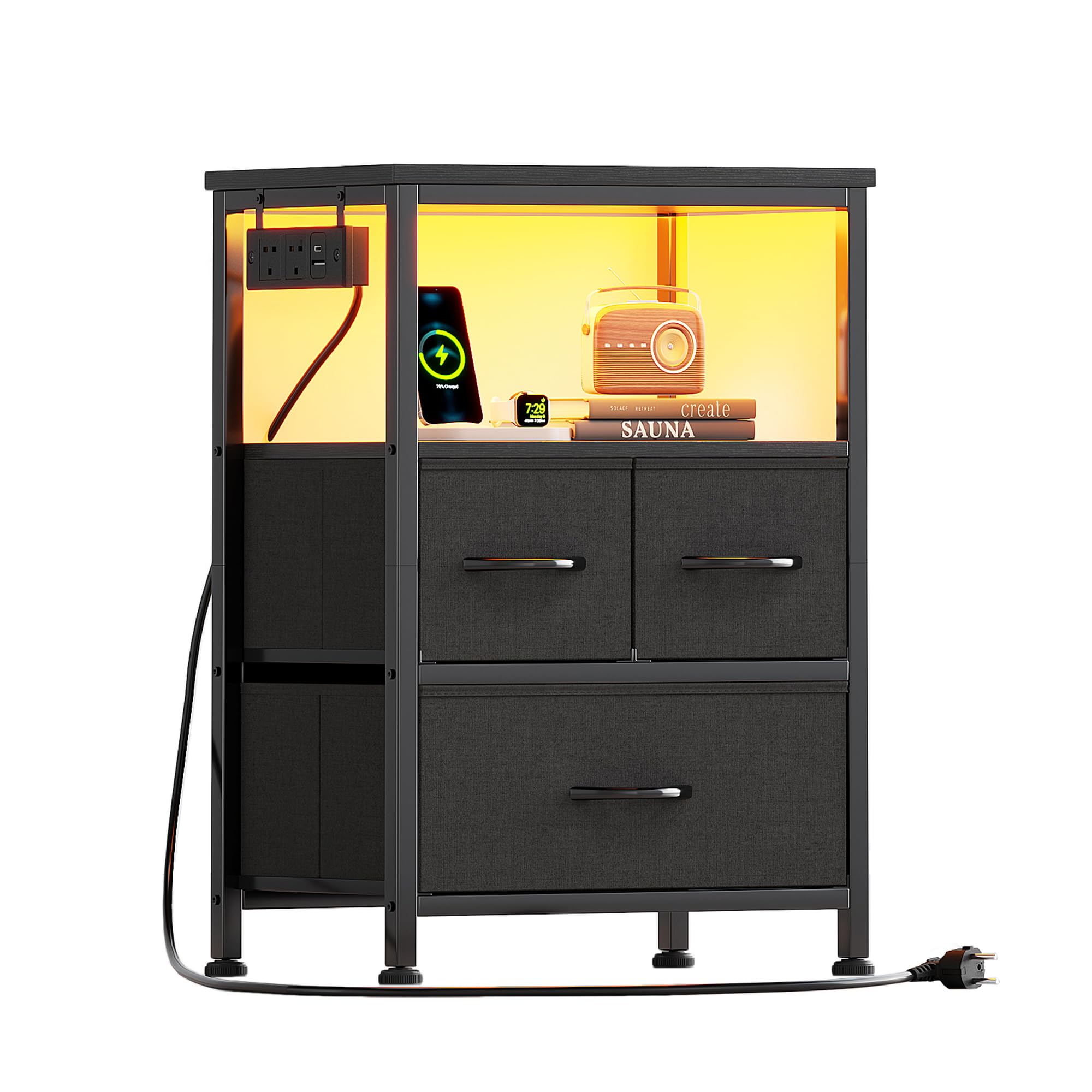 Flrrtenv Bedside Table with Charging Station, 3 Drawers Fabric Chest of Drawers for Bedroom, LED Night Stand with Storage Shelf, End Table with 2 AC Outlets & USB Ports for Bedroom, Dorm, Black — image 1