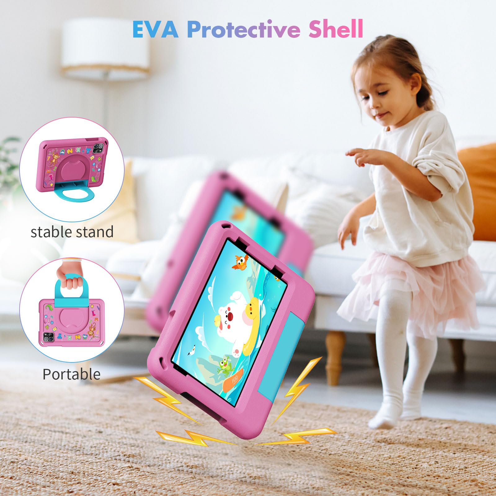 Tablet Android 15 con custodia per bambini da 7 pollici, pad da 64 GB per bambini dai 3 ai 12 anni, educazione, giochi, controllo genitori, WiFi integrato, Bluetooth, doppia fotocamera