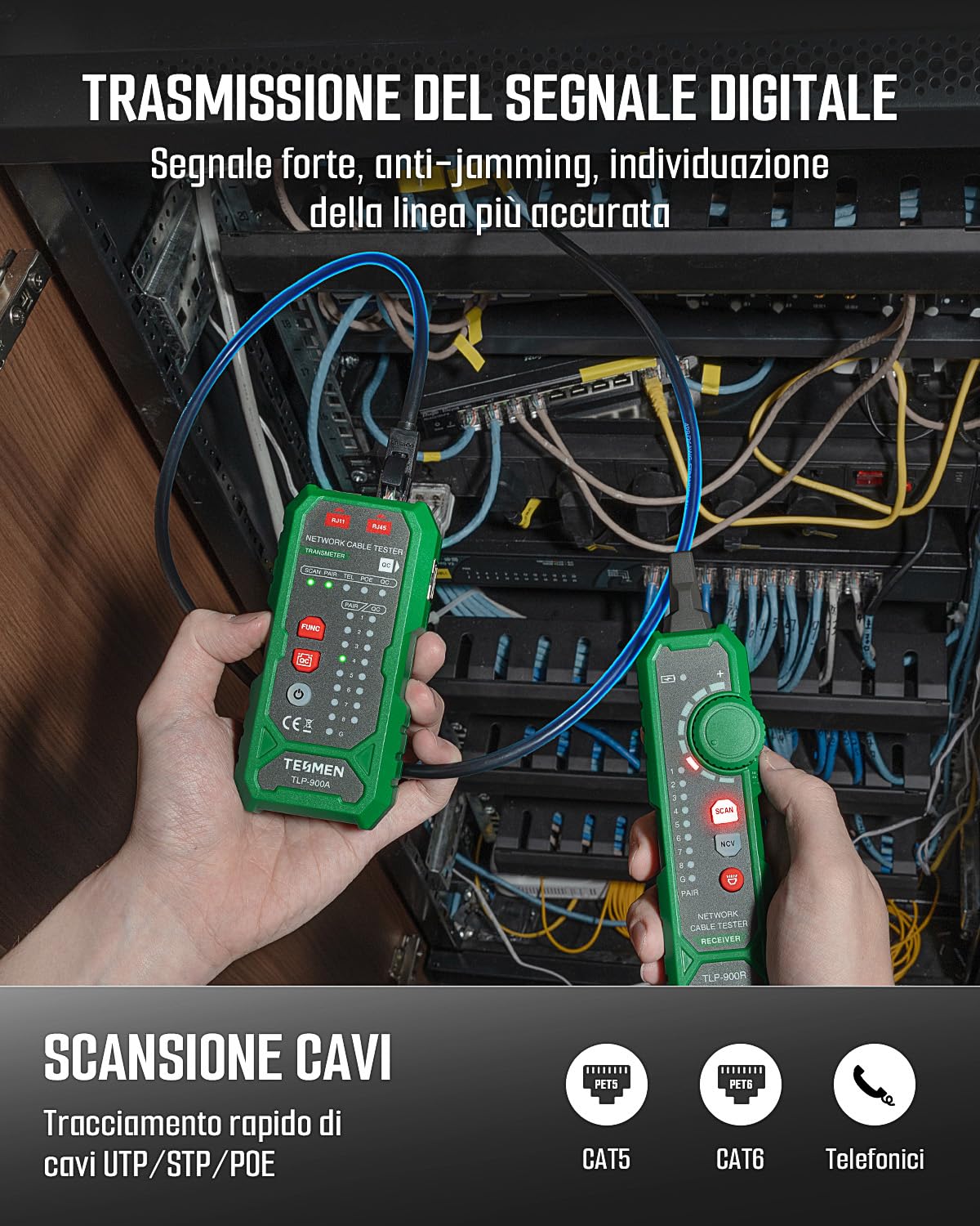 TESMEN TLP-900AR Tester per cavi di rete, RJ11 RJ45, per CAT5/6/POE/STP, con accoppiamento, Continuità, QC e NCV, adatto per Ethernet, Telefono, Manutenzione e smistamento dei cavi - Verde