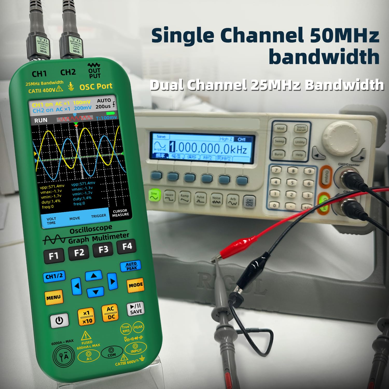 BSIDE 2 Kanal Oszilloskop Multimeter 50MHz Bandbreite Digitales Oszilloskop 3.98'' TFT Handheld Oszilloskop Multimeter Signal Generator Flexible Stromzange 4 in 1 Tester