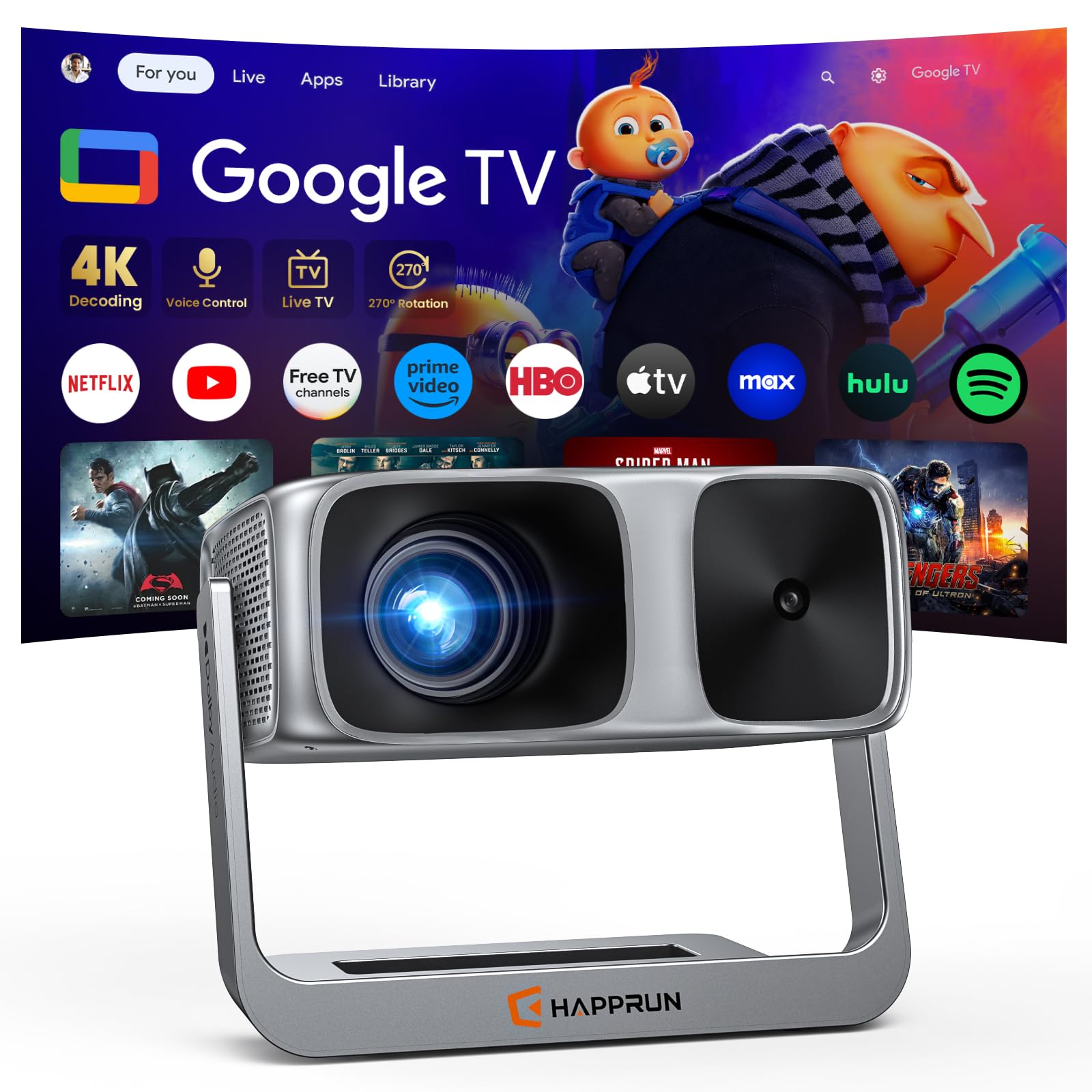 HAPPRUN 2500 ANSI Google TV Built-in Smart Movie Projector for Home Theater | 4K Decoding, WiFi 6 and Bluetooth 5.2, Dolby Sound, Built-in Speakers, Outdoor Projector with Apps for Camping, Gaming