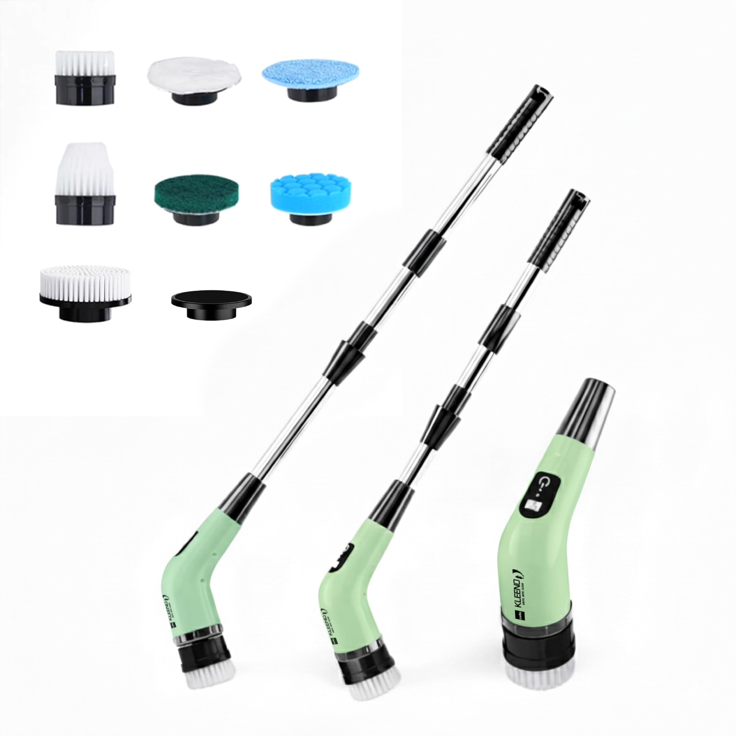 Cello Telescopic Electric Spin Scrubber, Green | Rechargeable Cordless Cleaner | 7 Interchangeable Brushes | 460 RPM | 90 Min Runtime | Dual Speed & Adjustable Handle | Low Noise Operation Under 60 dB