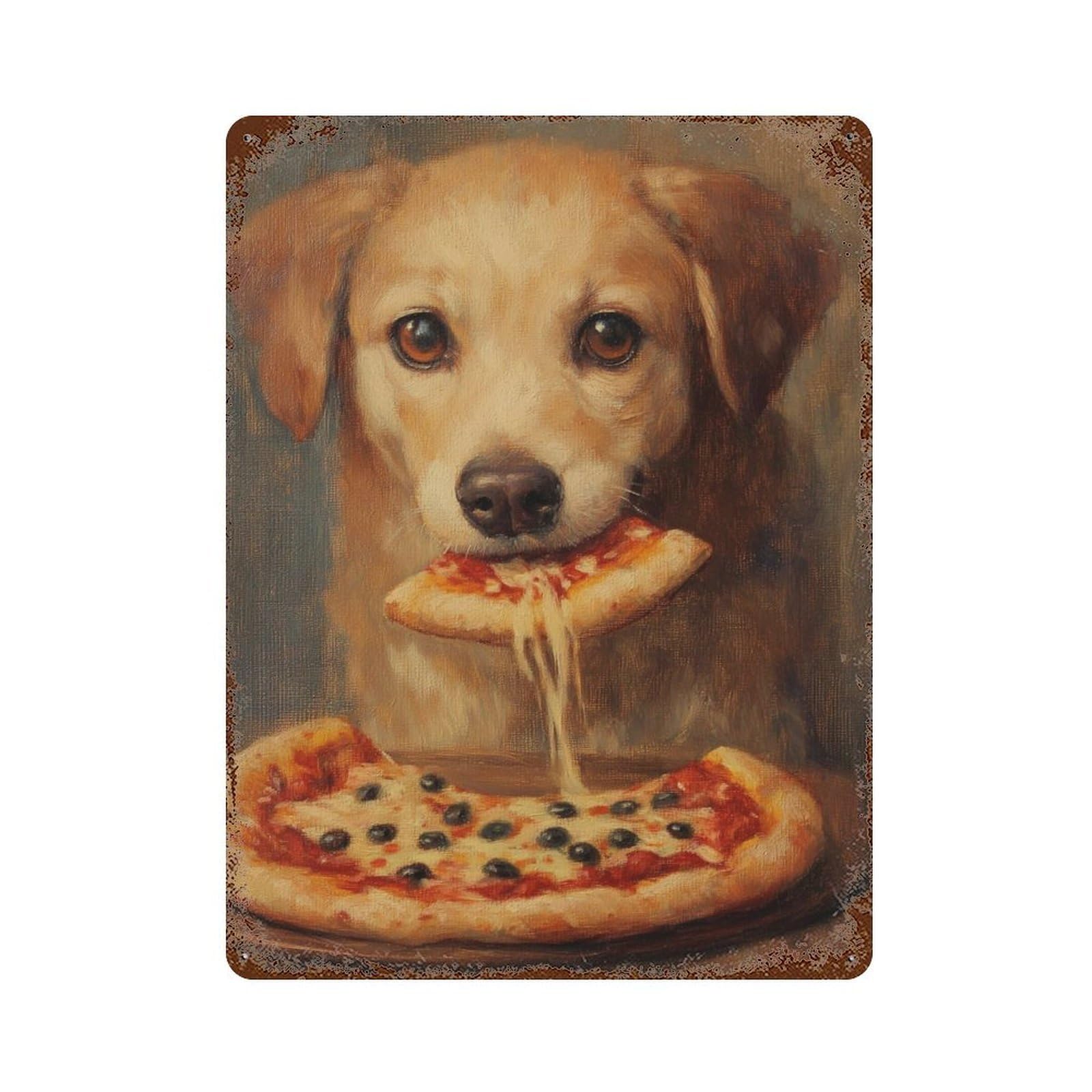 Garage Style Dog Eating Pizza Painting Rusty Metal Tin Sign 15.7"x11.8", Decorative Metal Wall Art for Bar And Workshop