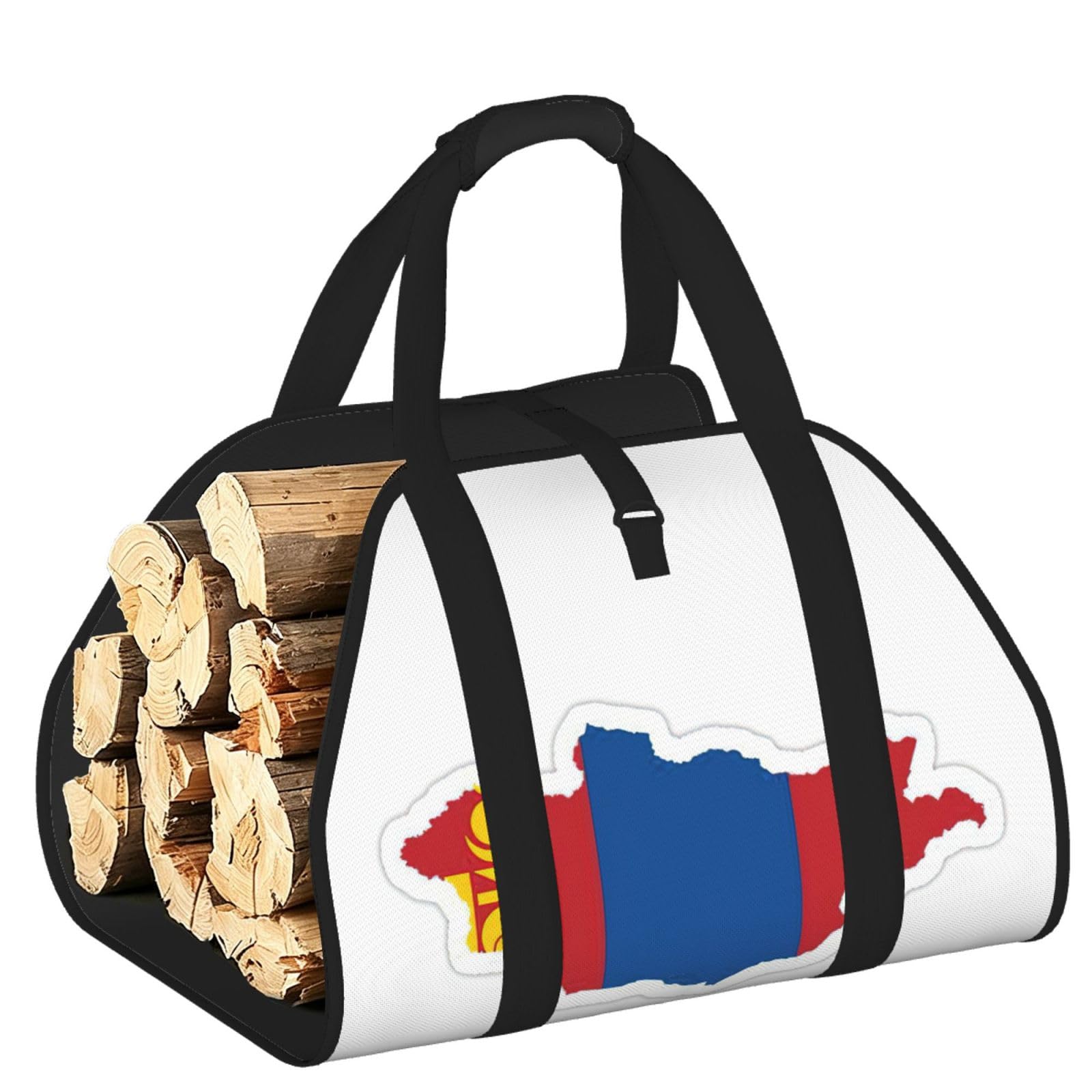 Mongolian Flag Map Printed Firewood Log Carrier, Large Tote Bag with Reinforced Handles for Camping Fireplace Home