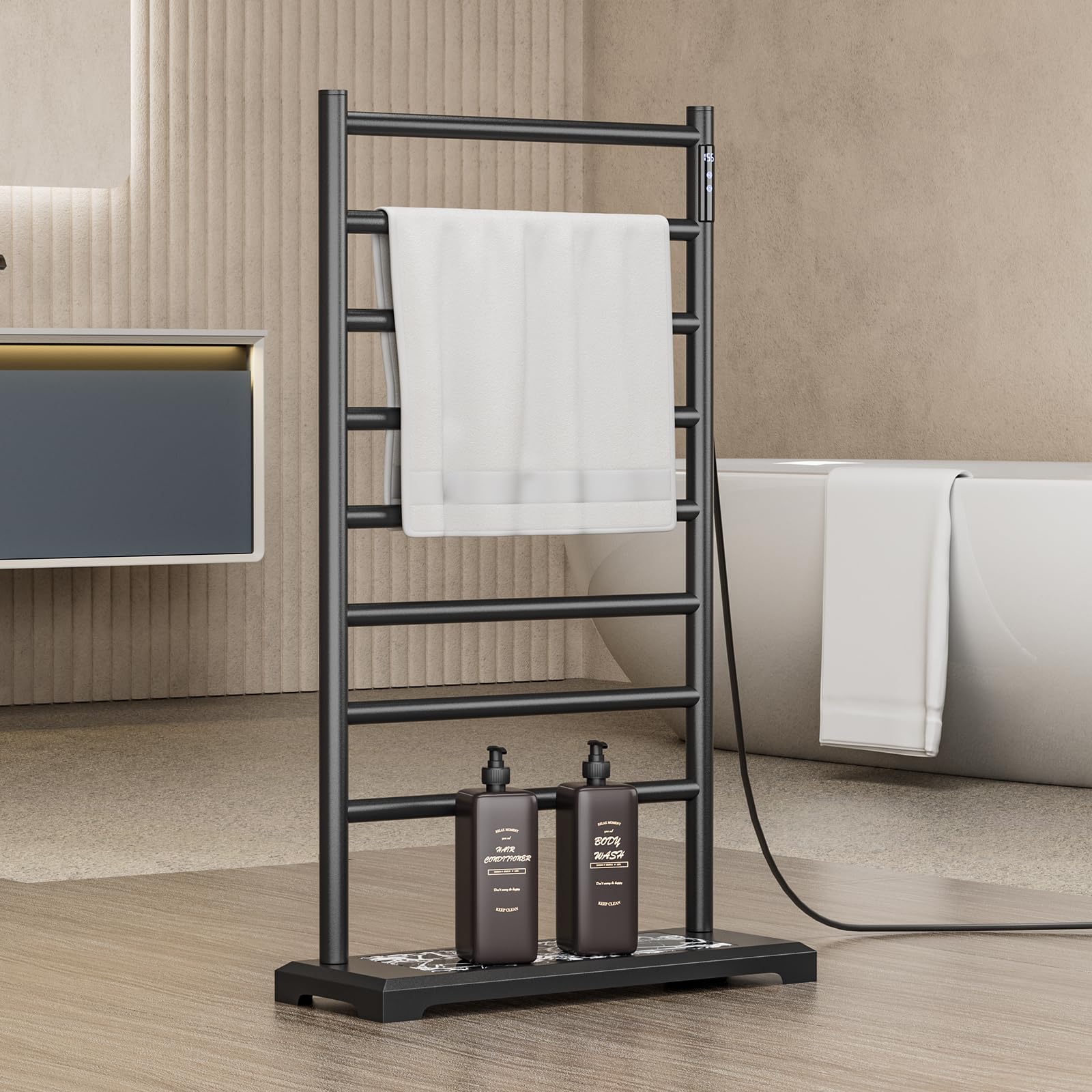 Freestanding Heated Towel Rack with Storage Base, Luxury Home Electric Towel Warmer 8 Bars Adjustable Temperature 115-155°F, 1-8 Hours Timer