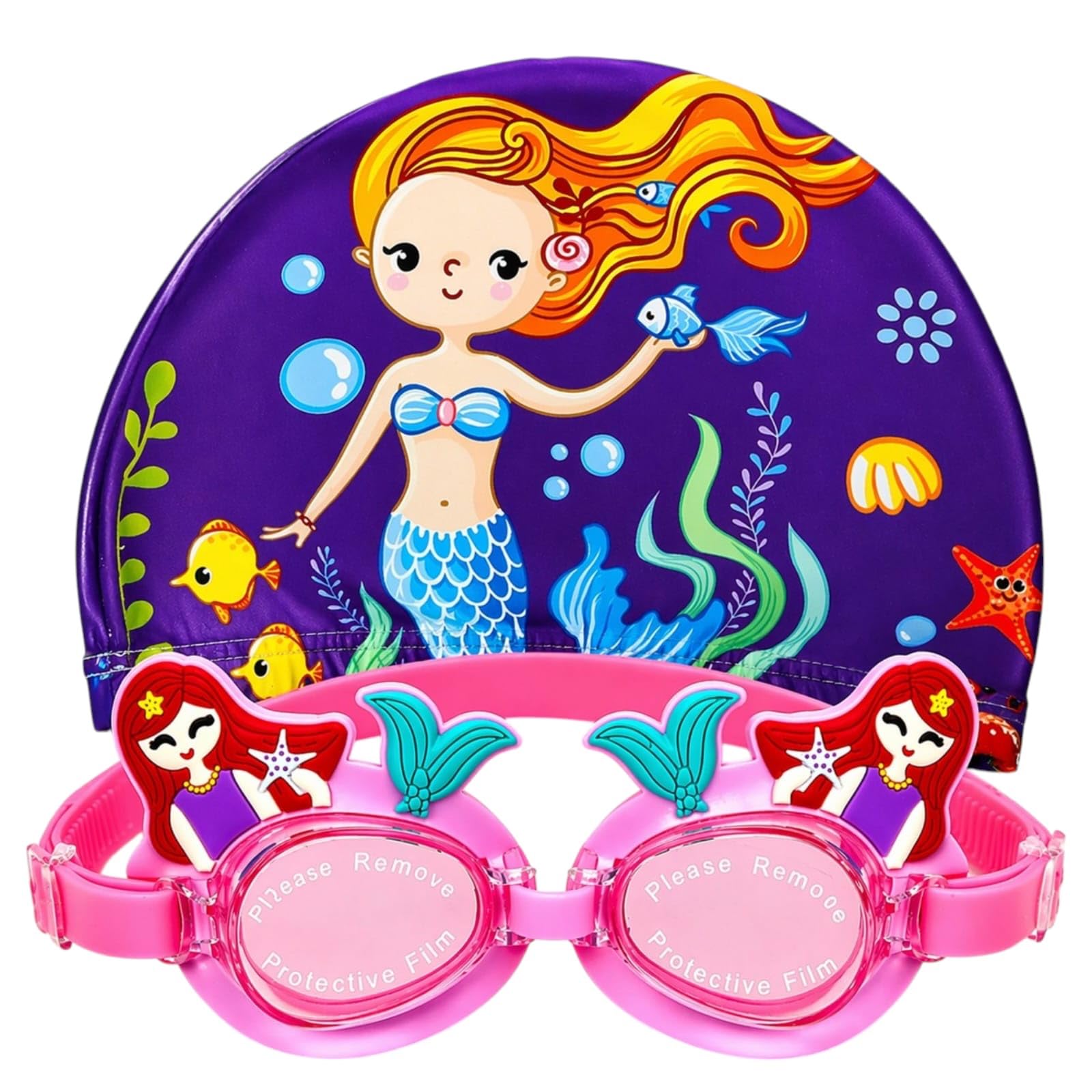 TERA 13 Cartoon Mermaid Swimming Goggles Set for Kids Anti-Fog Leakproof Adjustable Strap with Swim Cap (pack of 1 Piece | 4 Design Options | Random Color Sent)-image-15