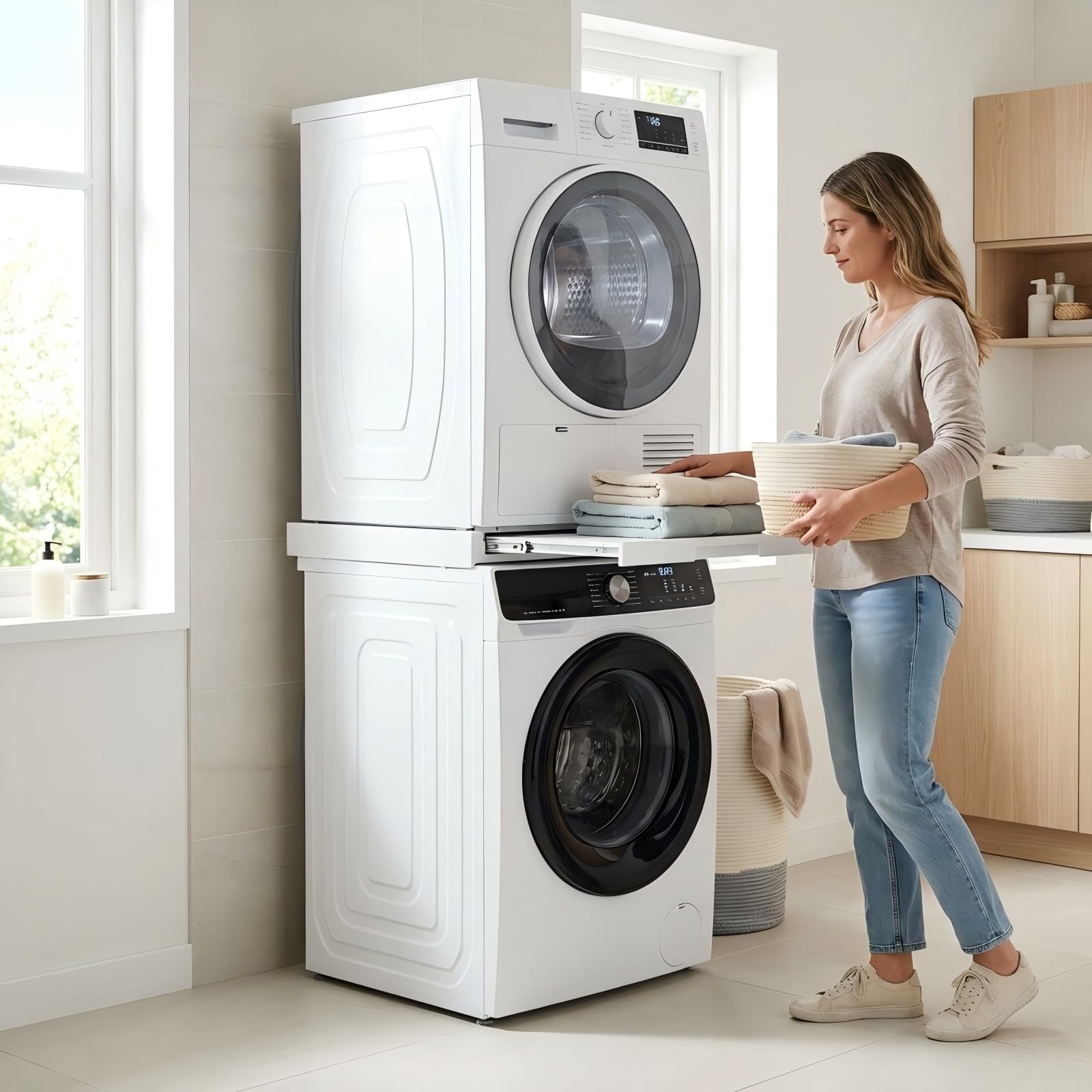 Zwischenbaurahmen Trockner Waschmaschine Verbindungsrahmen Waschmaschine Trockner Universell, Verstellbar 47-60 CM Zwischenteil Waschmaschine mit Riemen und Rutschfesten Pads Tragfähig & Stabi