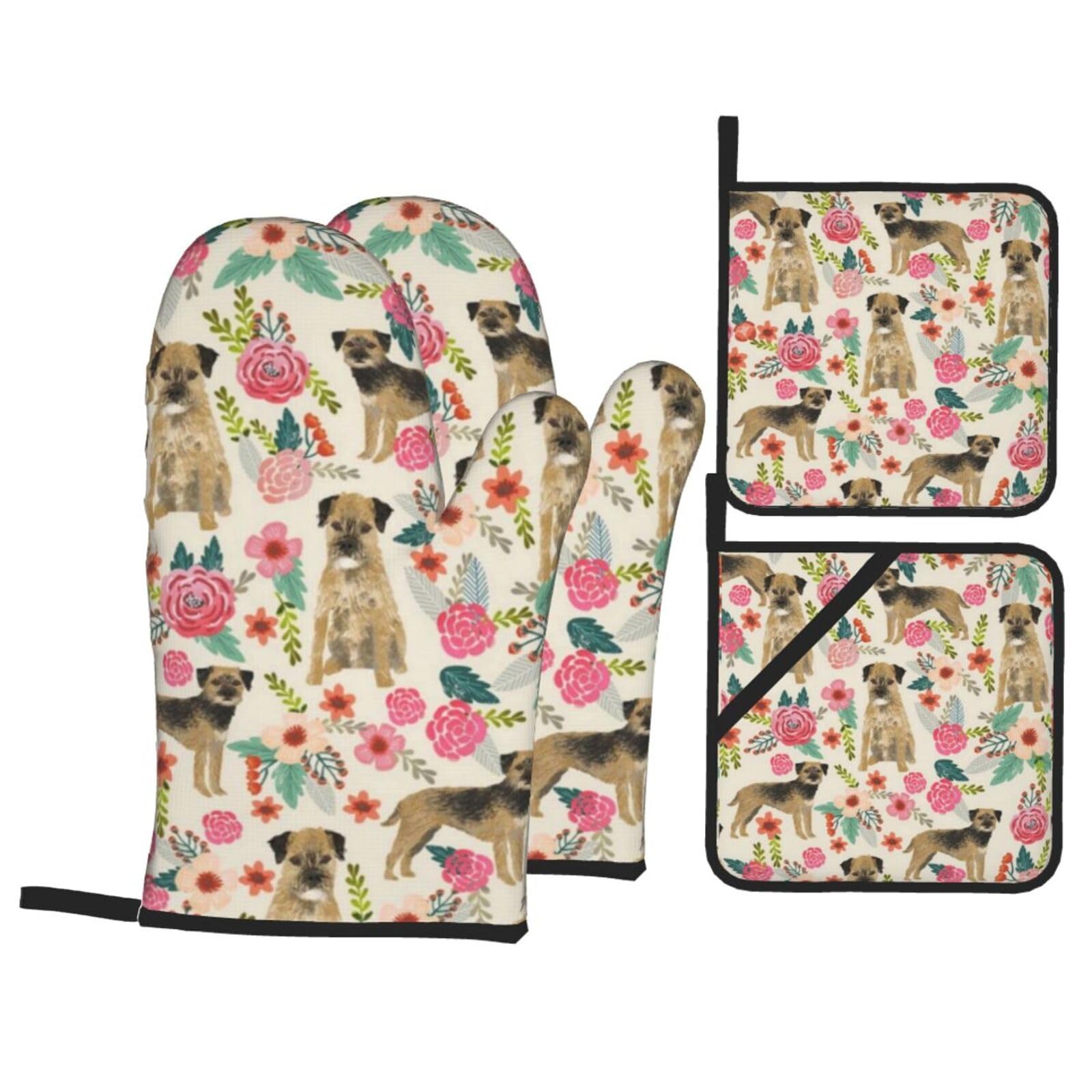 Border Terrier Florals Cream,Oven Mitts and Pot Holders Set of 4, Kitchen Anti-Slip Oven Glove High Heat Resistant Cooking Gloves