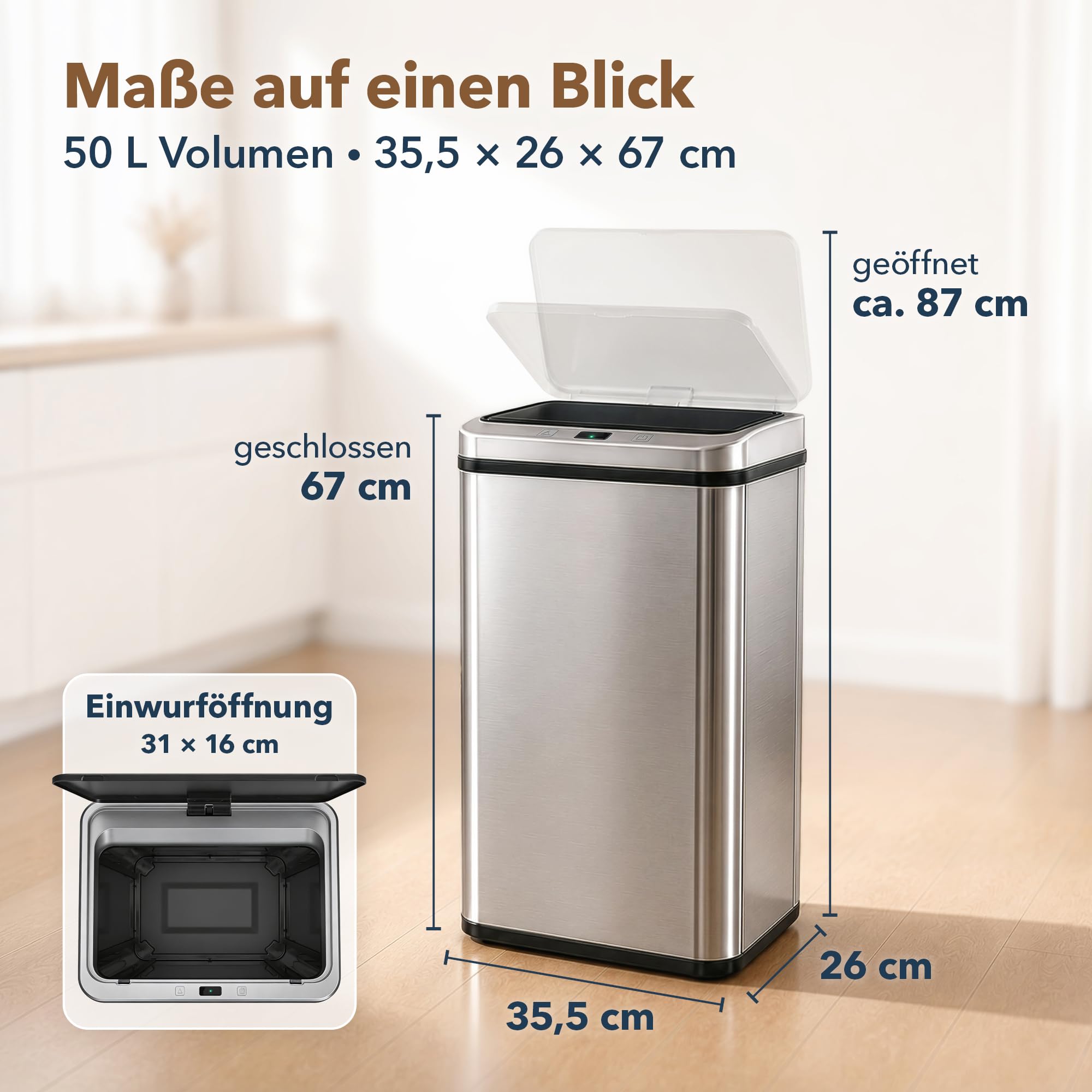 ledscom.de 2x SORTA Sensor Mülleimer 50L, Edelstahl Abfalleimer | automatischer Bewegungssensor, Touch-Bedienung, Soft-Close, 4x AA Batterie, 35,5 x 26 x 67 cm, Silber/Schwarz