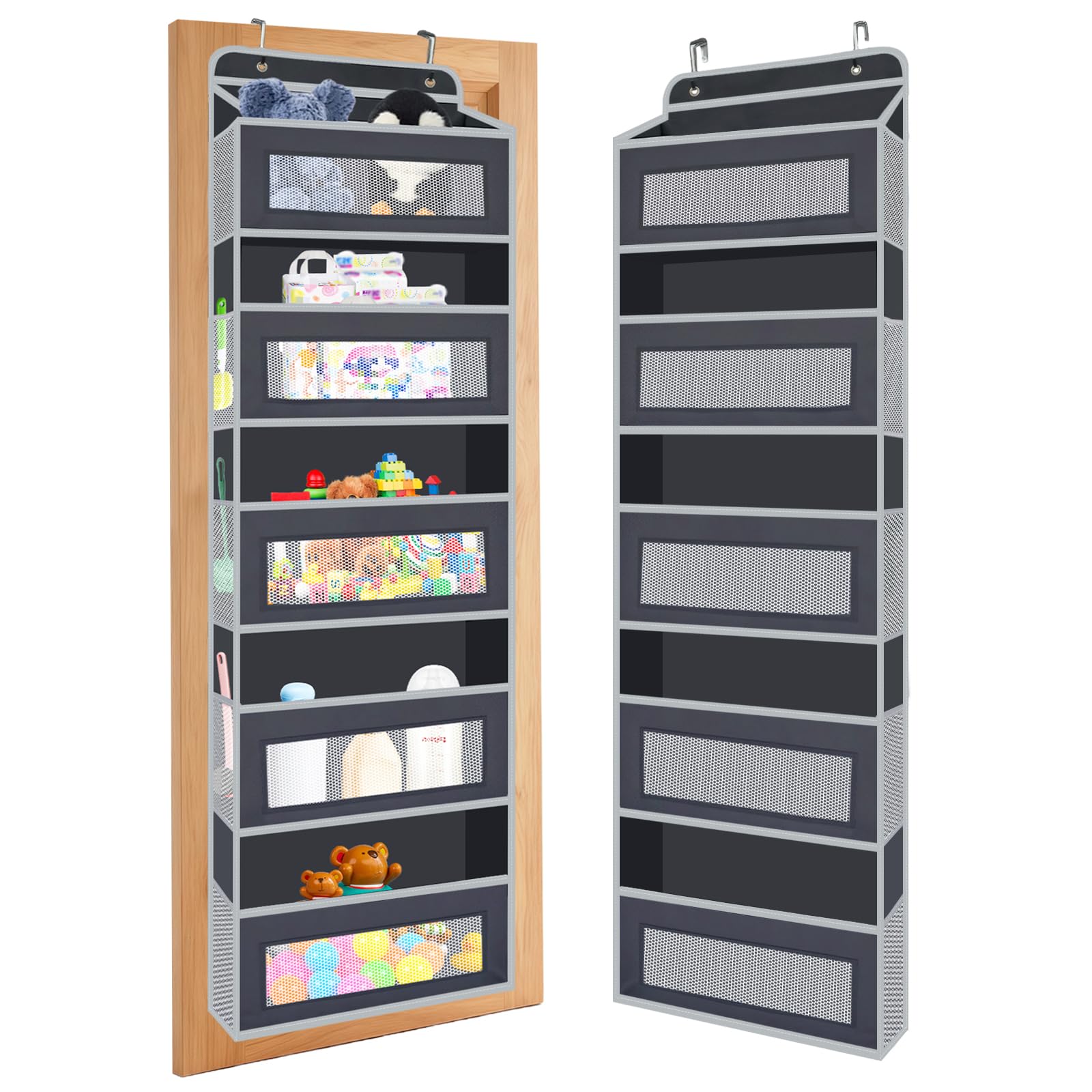 Fsaiyij Grey Over Door Storage Organiser With 5 Large Mesh Pockets And 5 Side Pockets, Back Of Door Hanging Organiser For Bedroom, Bathroom Or Nursery, Reinforced Shelves,