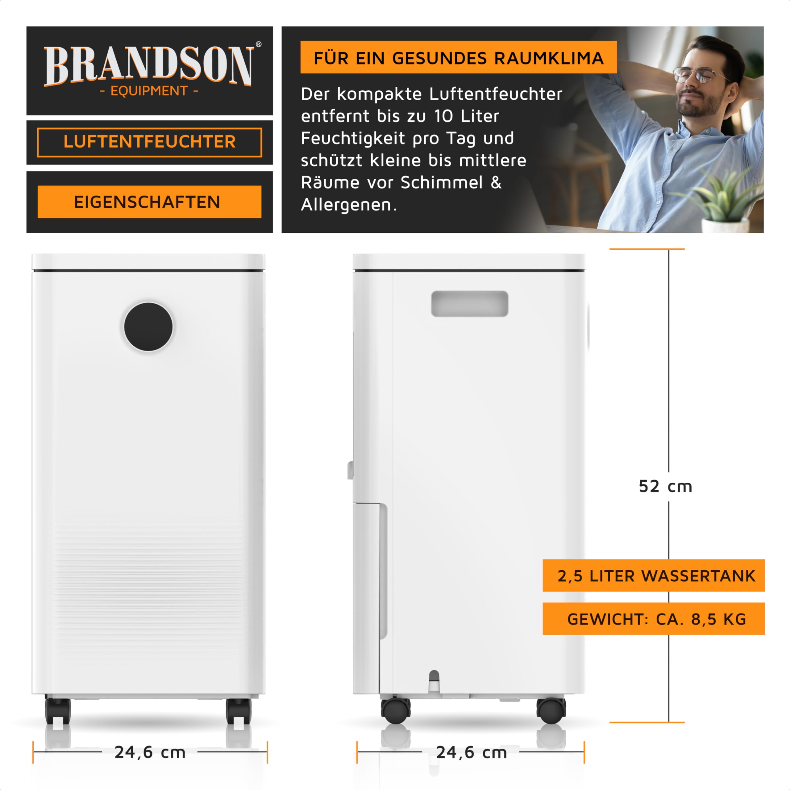 Brandson - Luftentfeuchter 10L mit Kompressor – Dehumidifier Raumentfeuchter elektrisch – 10 Liter / 24h – sehr leise - Schlafzimmer Bad Keller