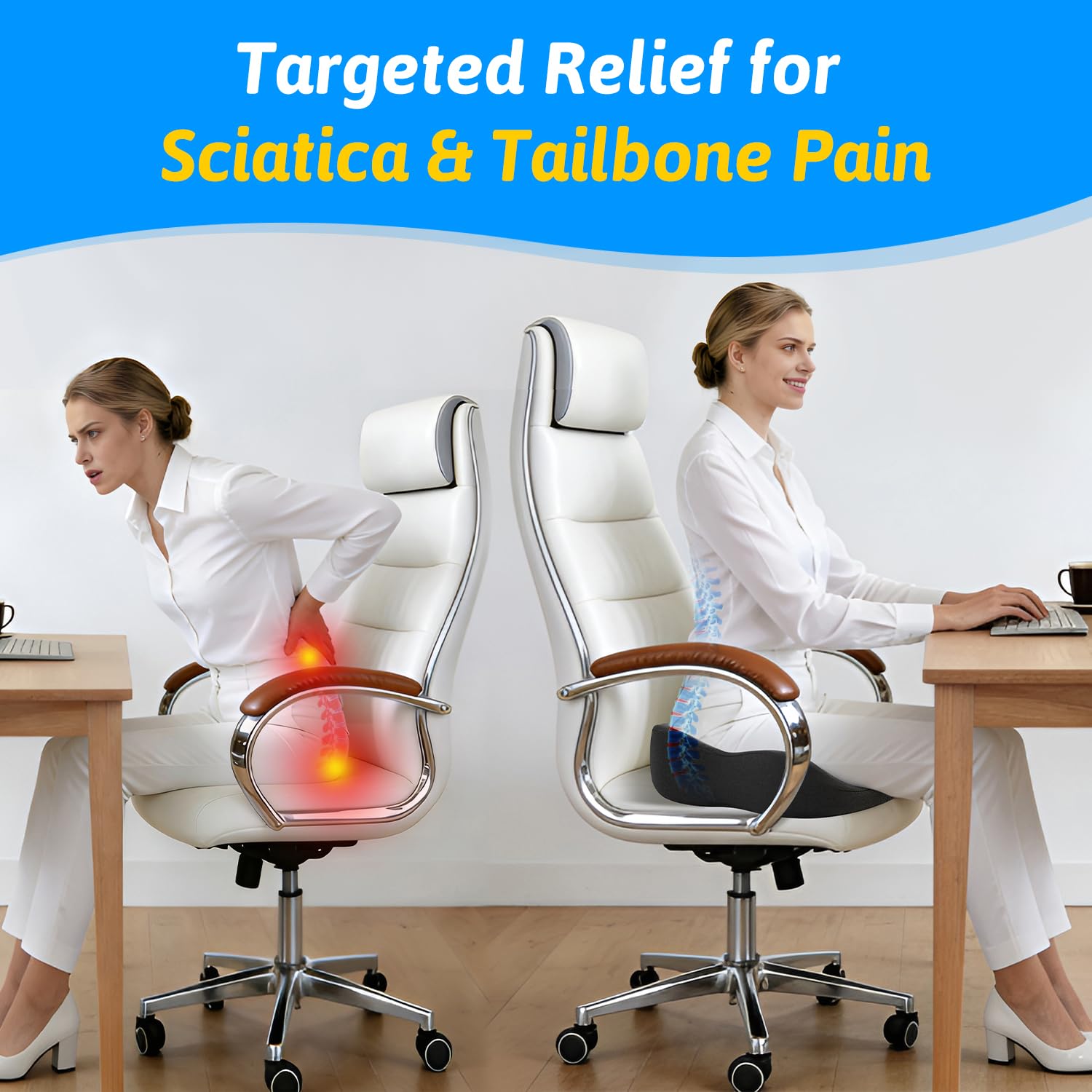 Seat Cushion for Tailbone Sciatica Pain Relief - Plush Yet Supportive Ergonomic Memory Foam Chair Cushions for Office — view 3