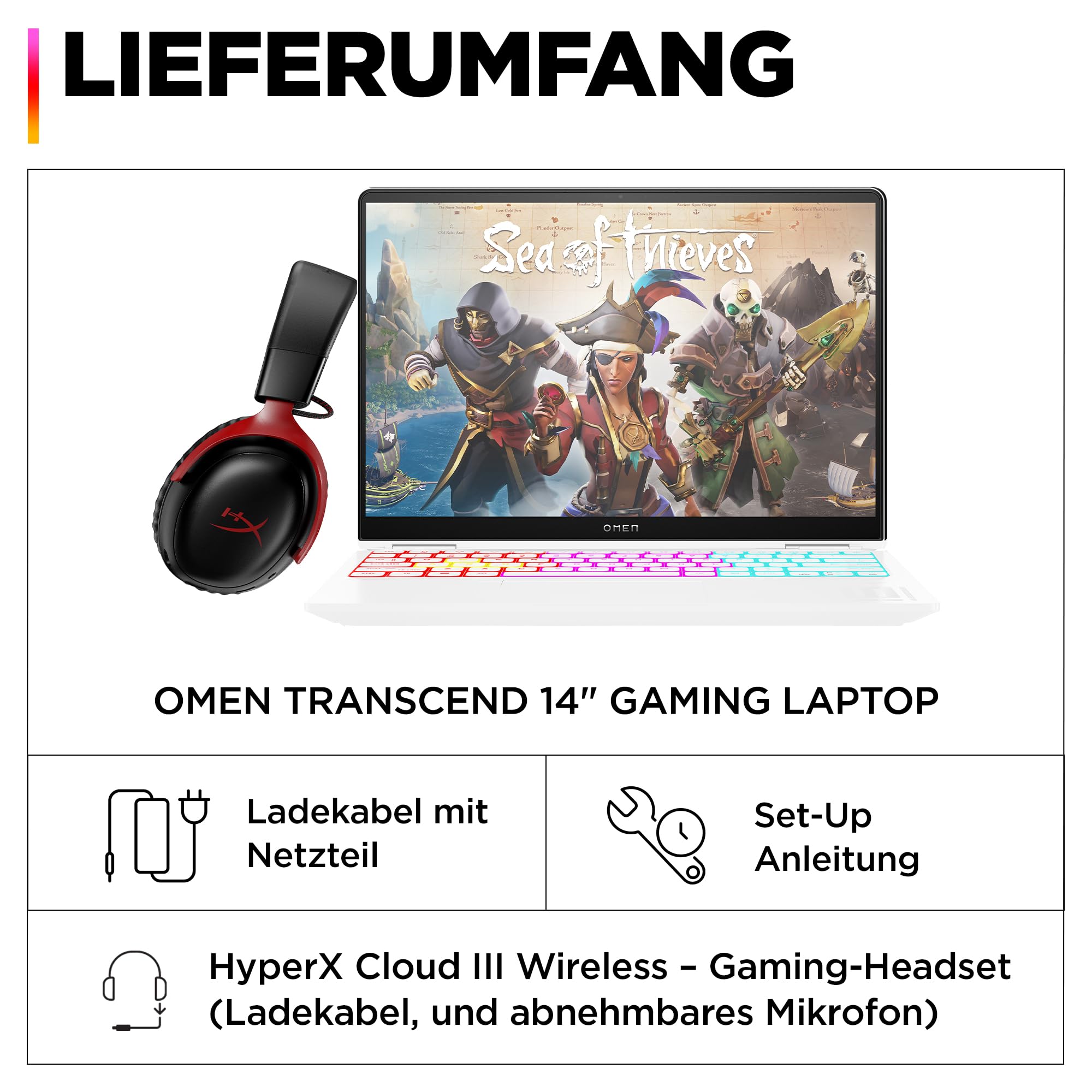 HP Omen Transcend Gaming Laptop, 14 Zoll 2,8K OLED 120Hz, Intel Core Ultra 7 155H, 16 GB DDR5 RAM, 1 TB SSD, NVIDIA GeForce RTX 4060 (8GB), QWERTZ, Windows 11, Weiß inkl. HyperX Cloud III Wireless