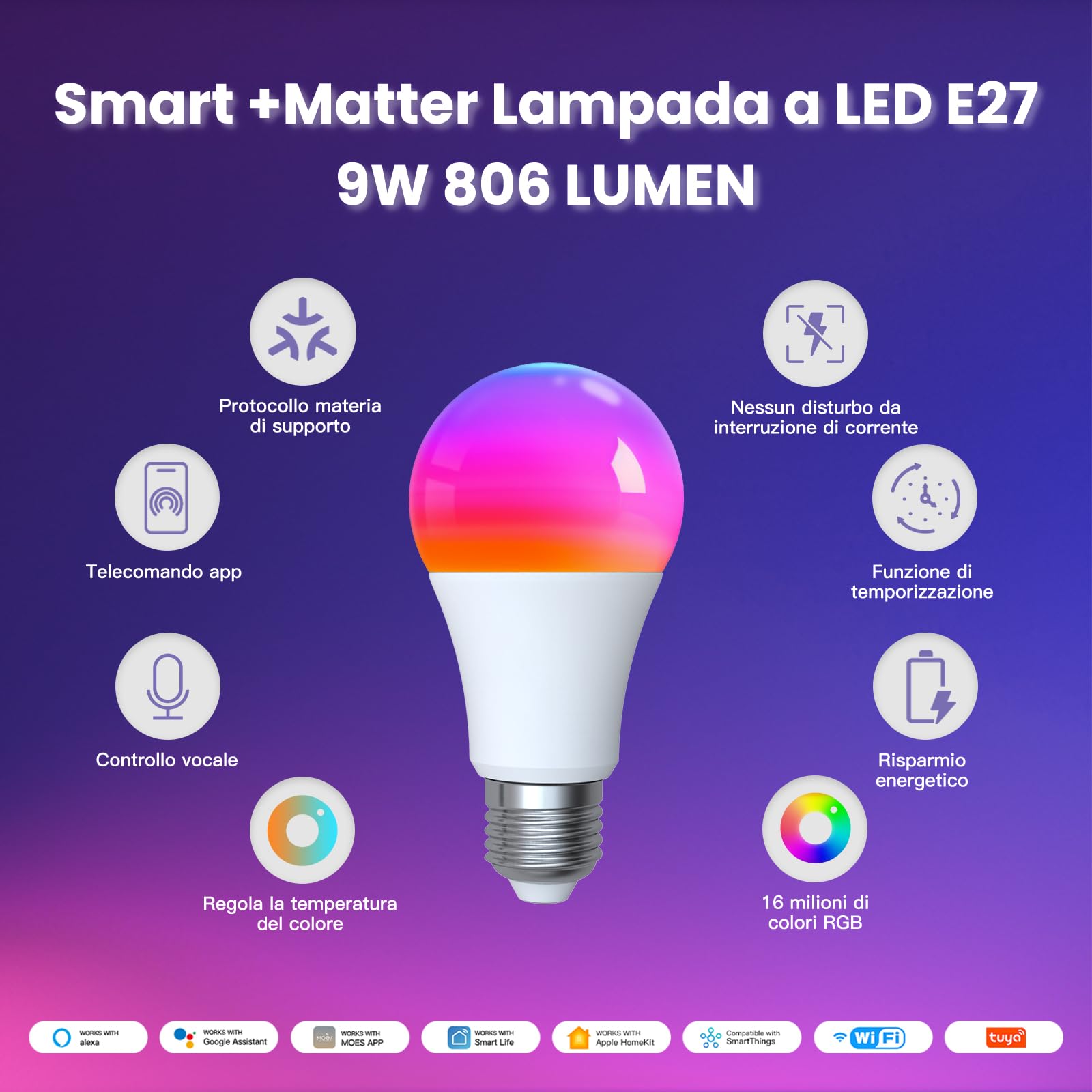MOES Lampadina intelligente RGB E27 compatibile con Alexa Google Home | Apple Home, 9W 806LM RGB dimmerabile 16 Milioni di Colori, WiFi a 2.4GHz