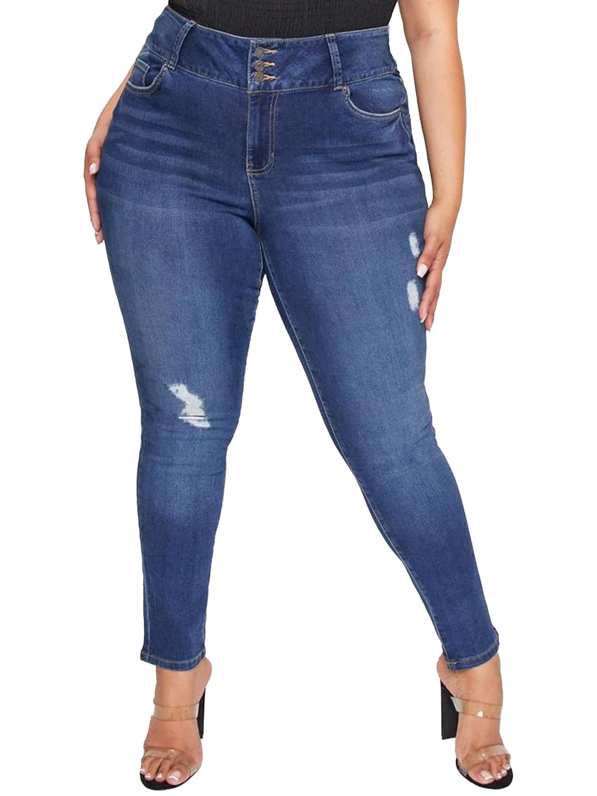 YMI Women's Plus 3-Button Essential Skinny Jeans